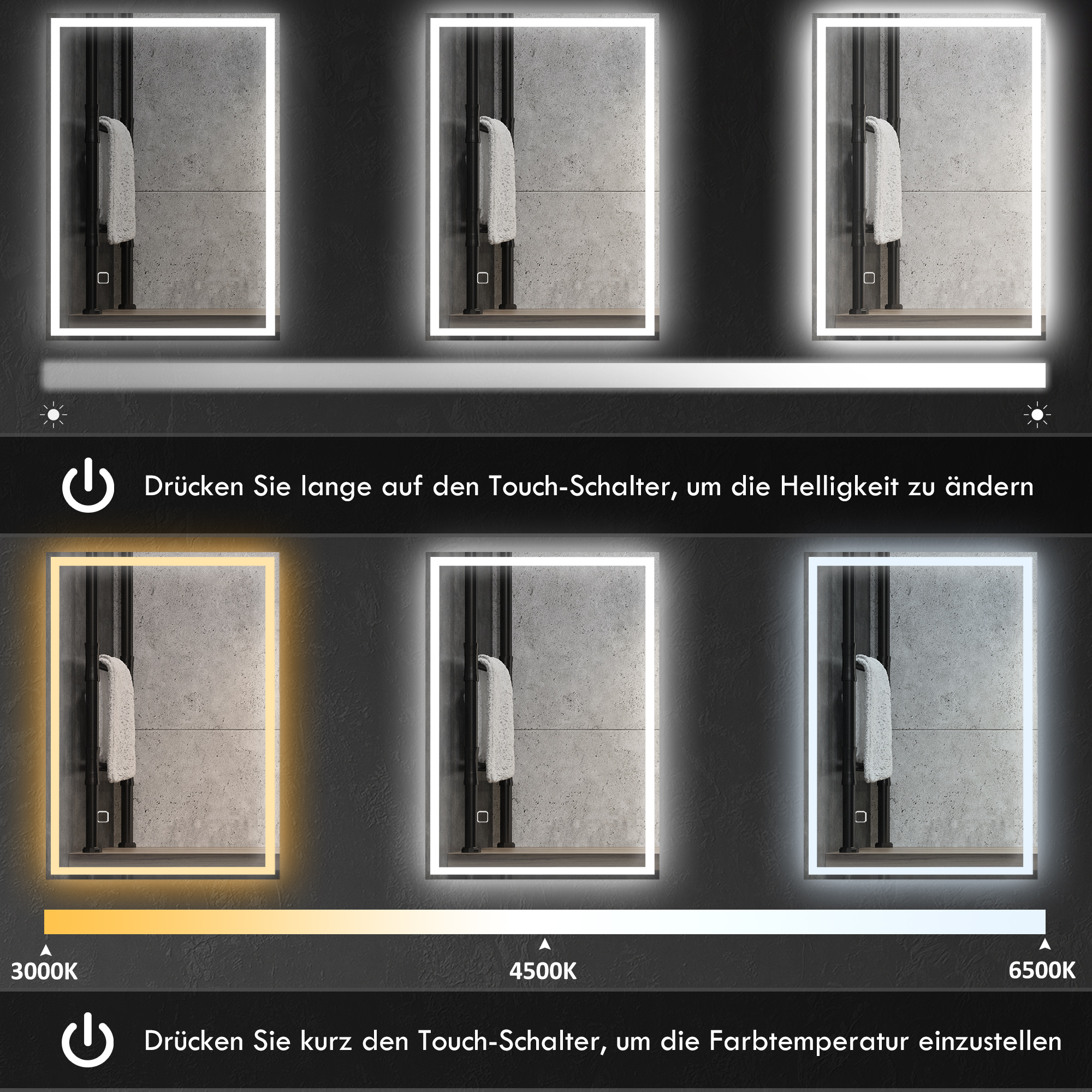 Badspiegel Badezimmerspiegel Wandspiegel LED´s. Berührungsschalter, Weiß