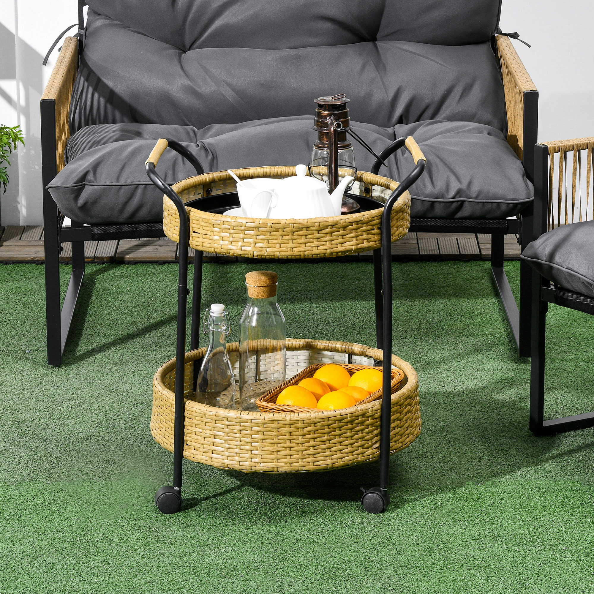 Outdoor Servierwagen, 2 Etagen, Bremsen, Polyrattan, Metallrahmen, ?50 x 66H cm, Gelb