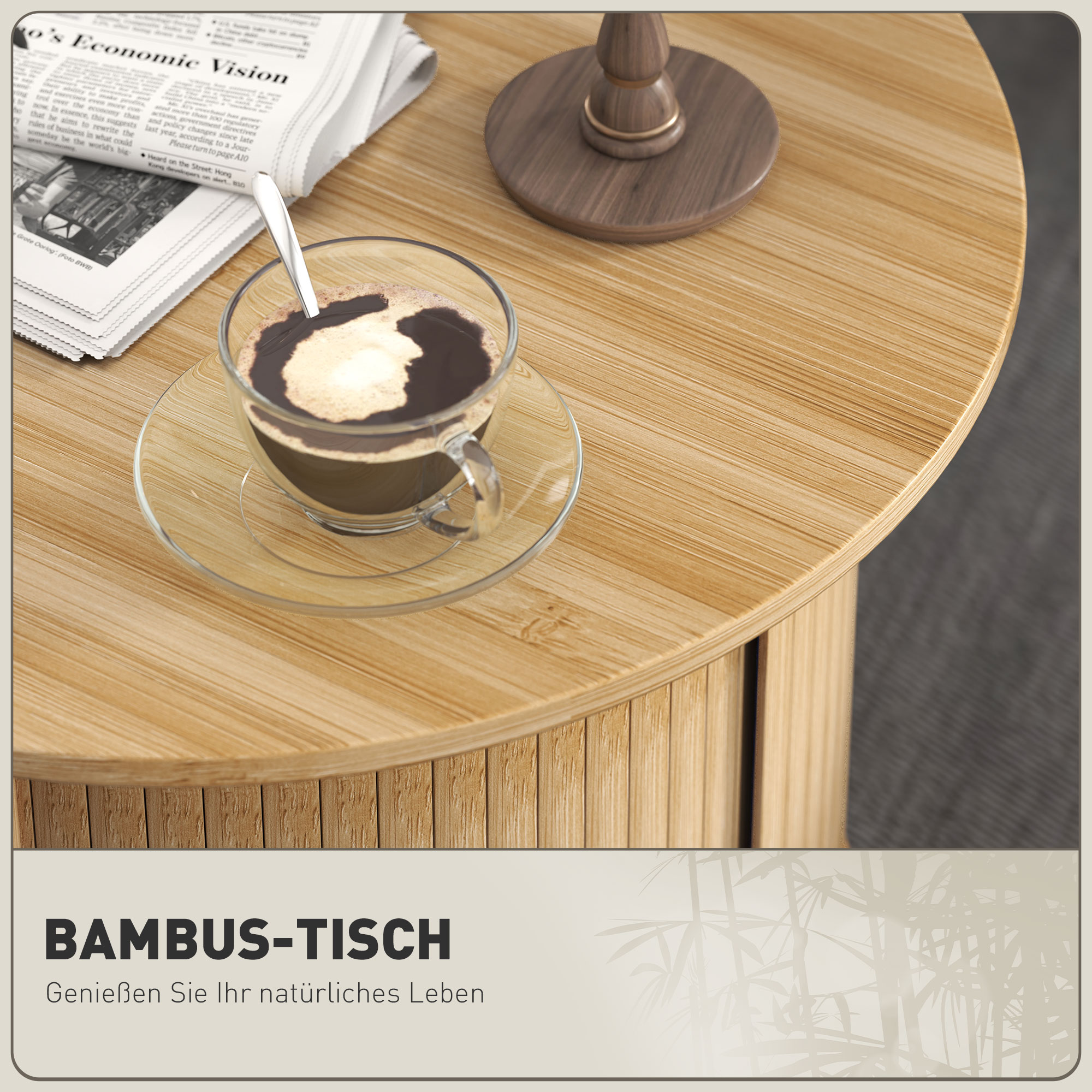 Beistelltisch, rund, mit Stauraum, Schiebetür, Bambus, Ф60 x 45 cm, bis 20 kg belastbar