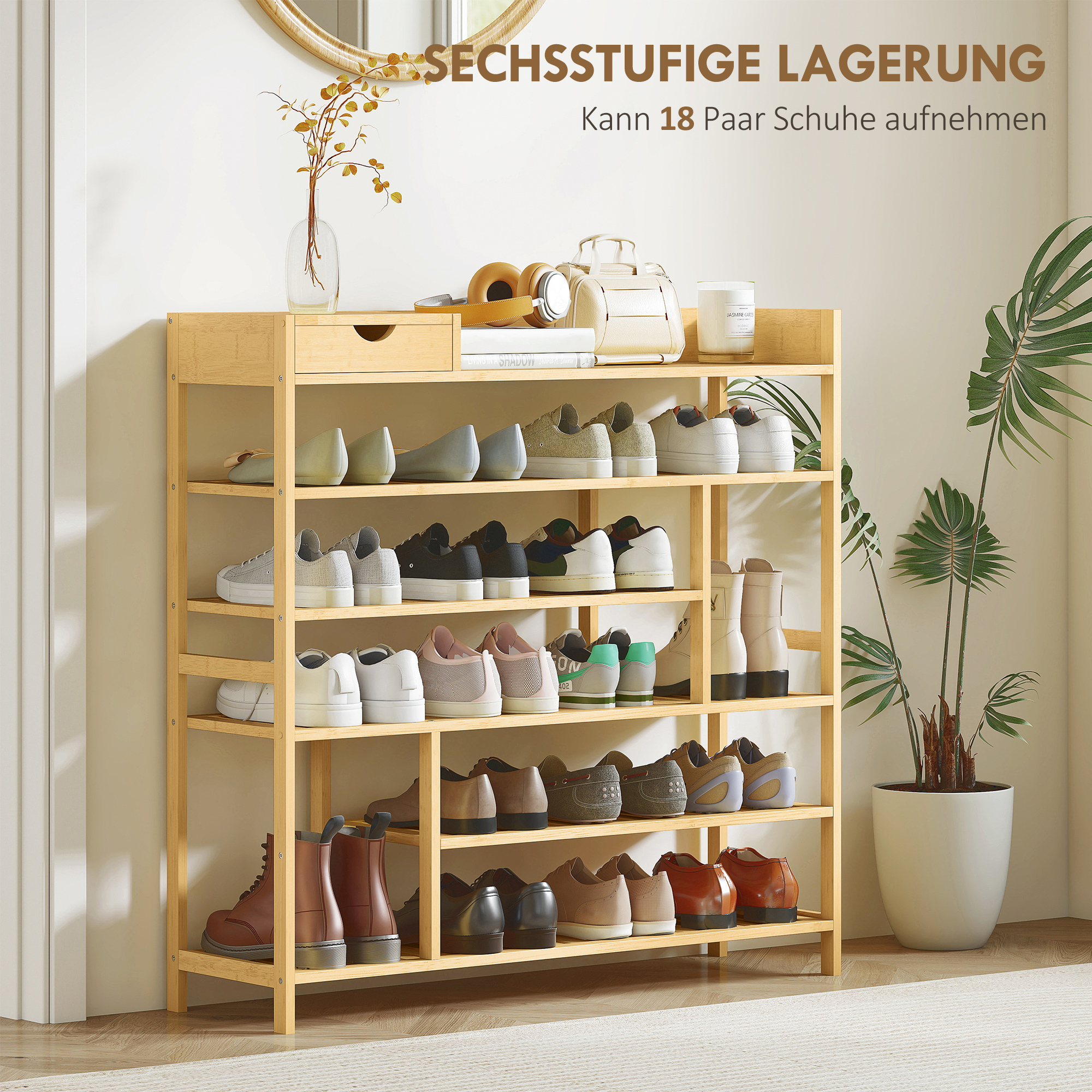 Schuhregal, Schuhständer mit 6 Ebenen, Schublade aus Bambus, für max. 18 Paar Schuhe, Schuhablage für Eingang, Schlafzimmer, 101 x 30 x 100 cm, Natur
