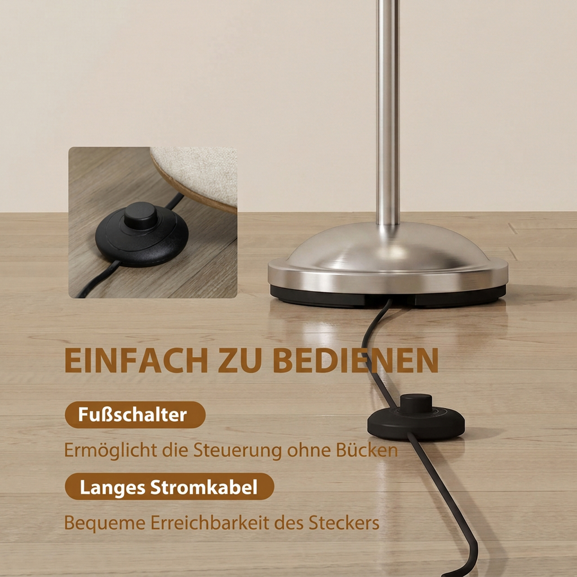 Stehlampe Wohnzimmer 40 W Stehleuchte mit Fußschalter, 3 x E14-Fassung für Schlafzimmer, Büro, Ohne Glühbirne, Silber