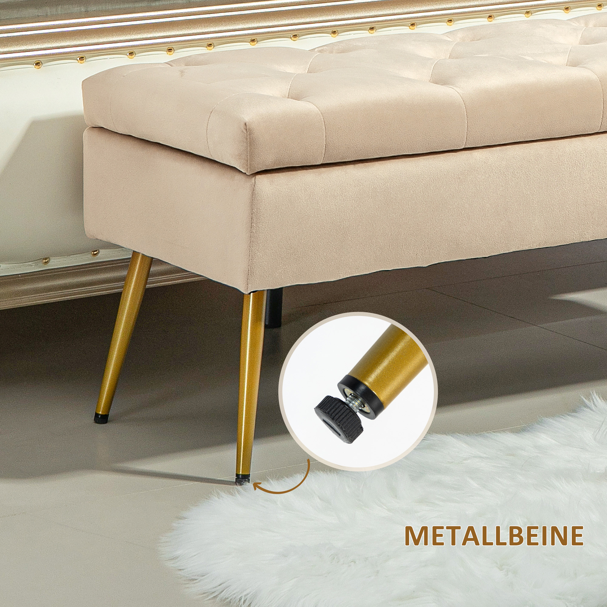 Stauraum-Sitzbank in Samtoptik, gepolsterter Fußhocker mit getuftetem Design, Metallrahmen, 102 x 35 x 43 cm, Beige