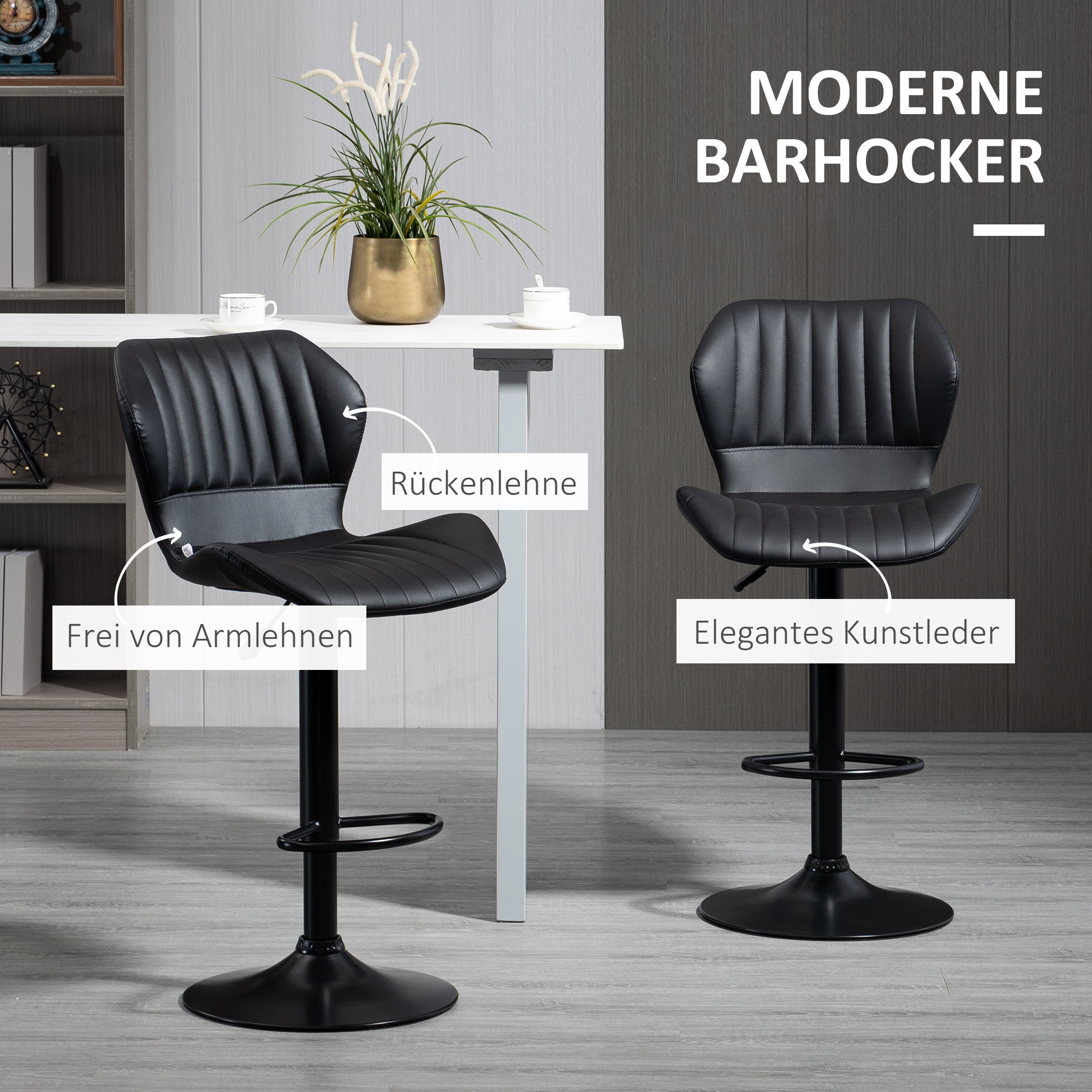 Barhocker Barstuhl 2-er Set höhenverstellbar 48,5 x 55,5 x 90-110 cm Kunstleder+Stahl Schwarz
