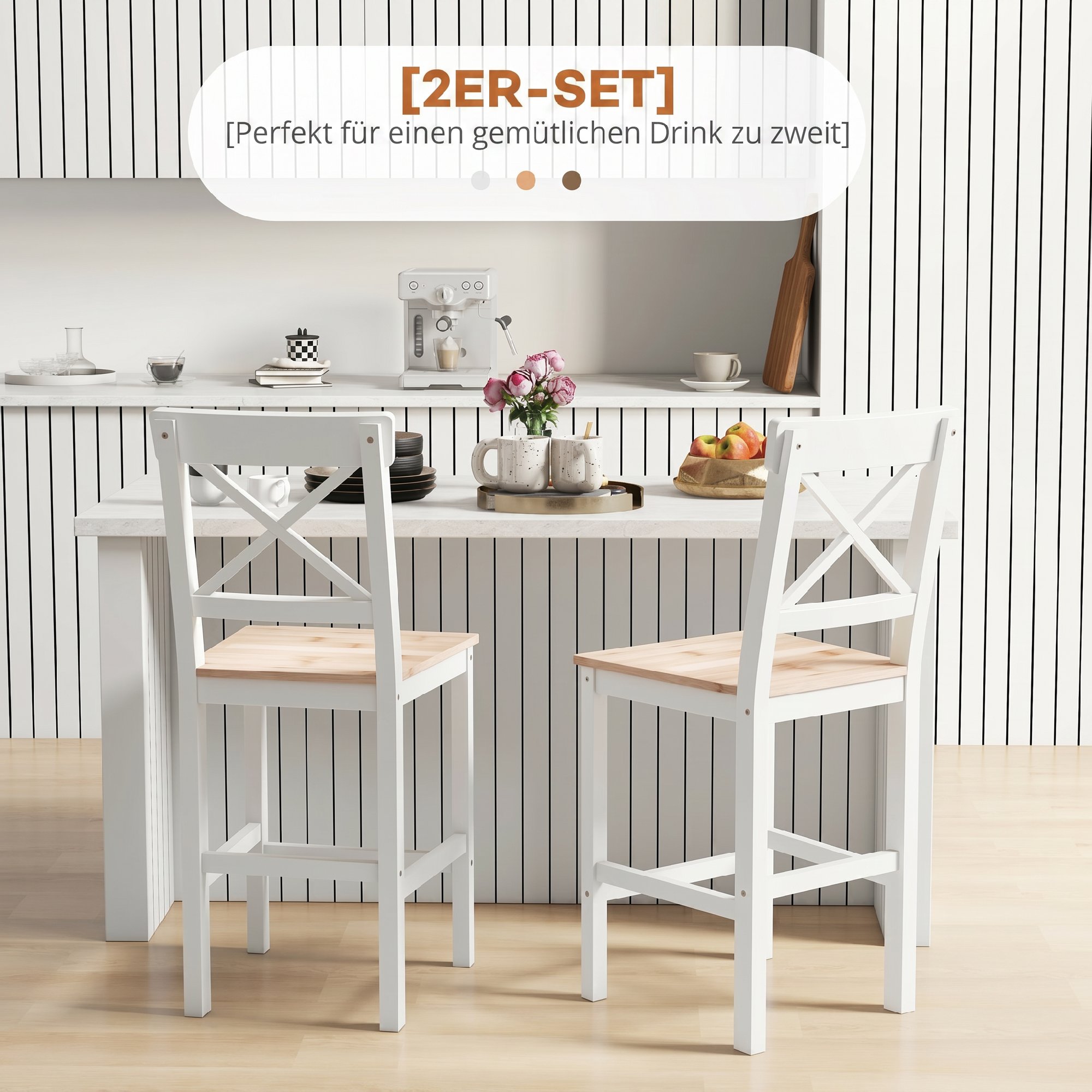 Barhocker 2er Set Barstuhl aus Kiefernholz mit Fußstütze, Lehne, Landhaus-Stil für Küche, Wohnzimmer, Natur