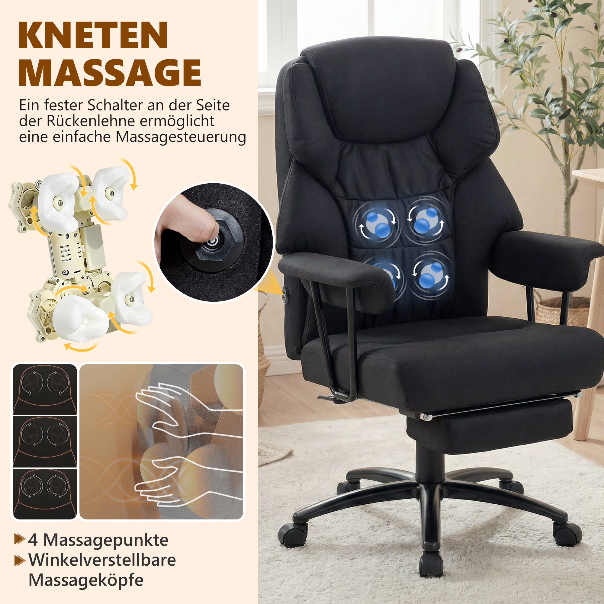 3D Knet-Massage-Bürostuhl mit Fußstütze, verstellbarer Computerstuhl mit hoher Rückenlehne, Leathaire-Polsterung, Schwarz