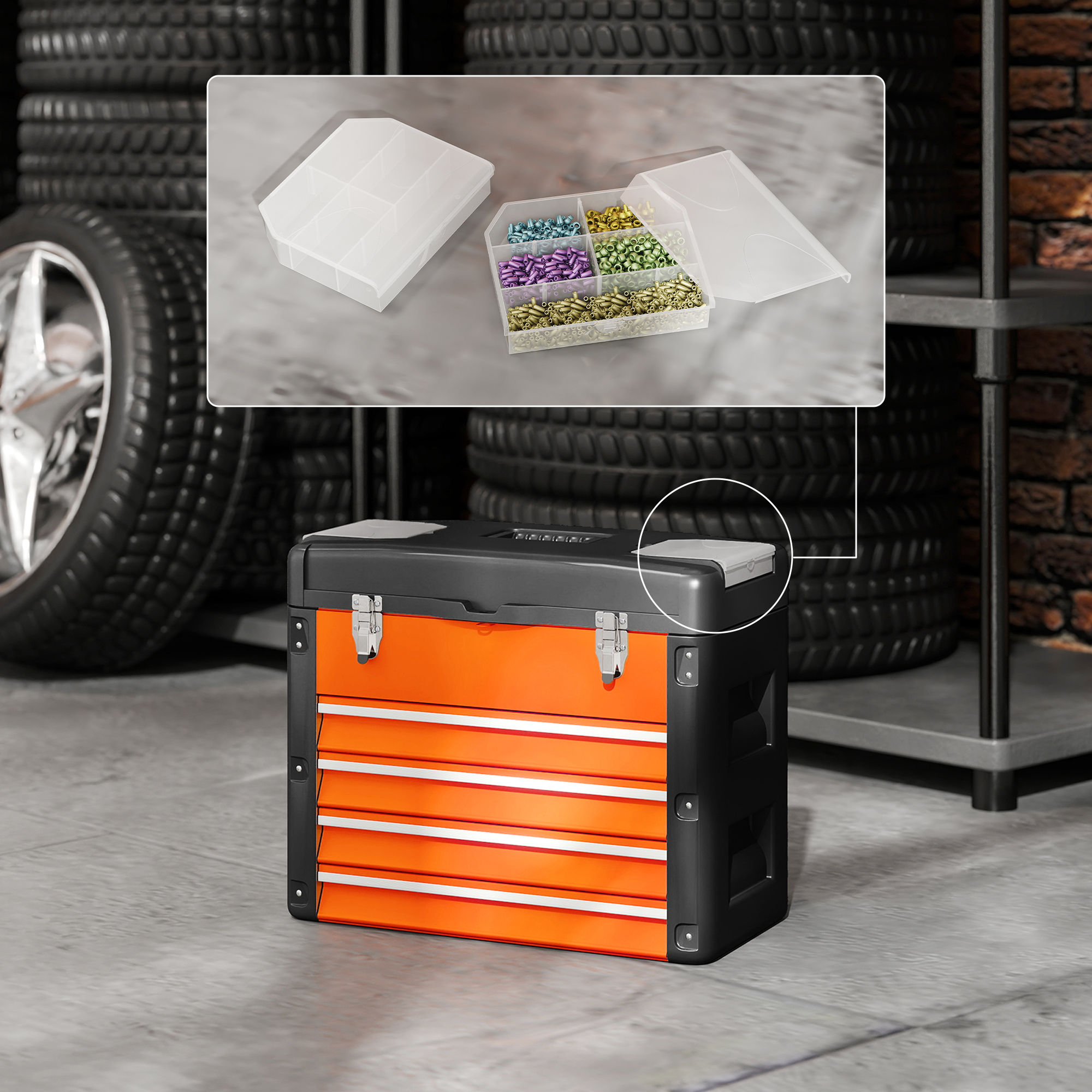 Werkzeugkiste leer, 49,7 x 25,3 x 40,7 cm Werkzeugkasten mit 4 Schubladen, Mini-Box Stahl Orange