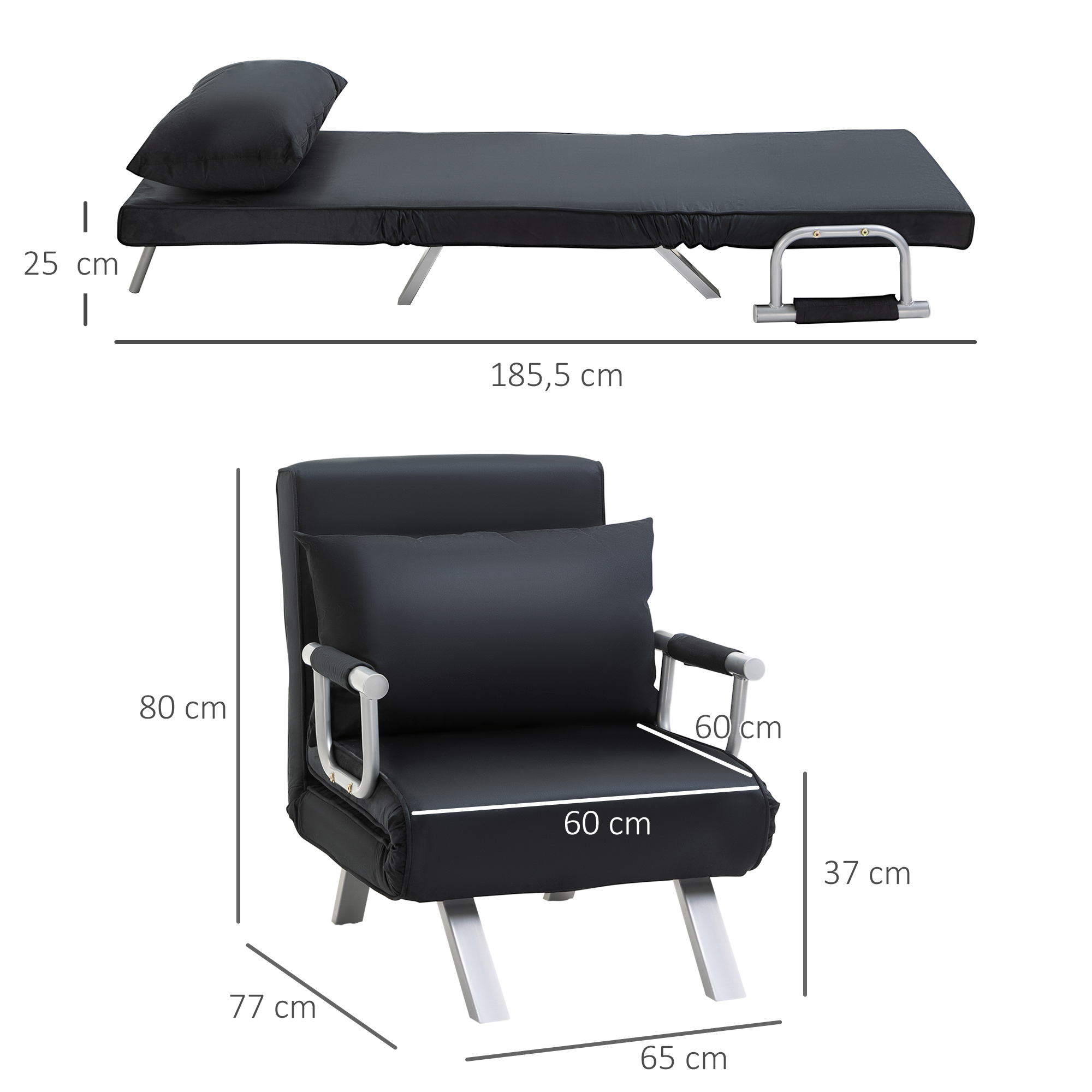 3-in-1 Schlafsofa, Gästebett, Sessel inklusive Kissen, Schwarz