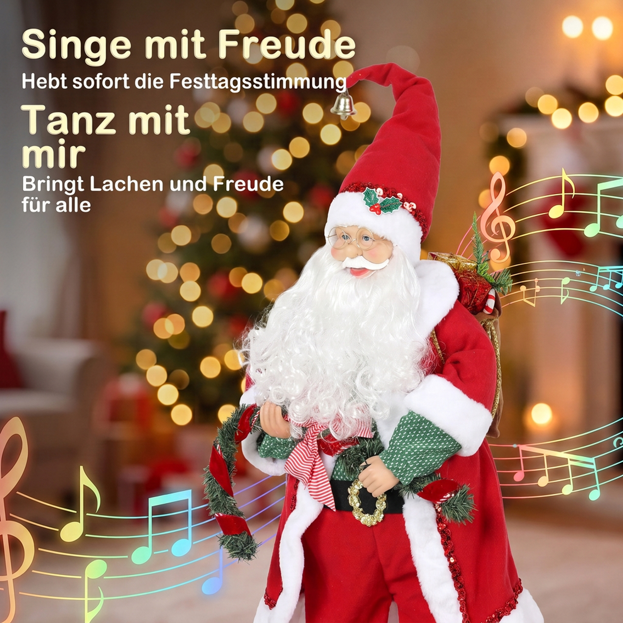 Singender & tanzender Weihnachtsmann, 120 cm, stehende animierte Weihnachtsfigur mit Girlande & Sack, per Sound/Berührung aktiviert
