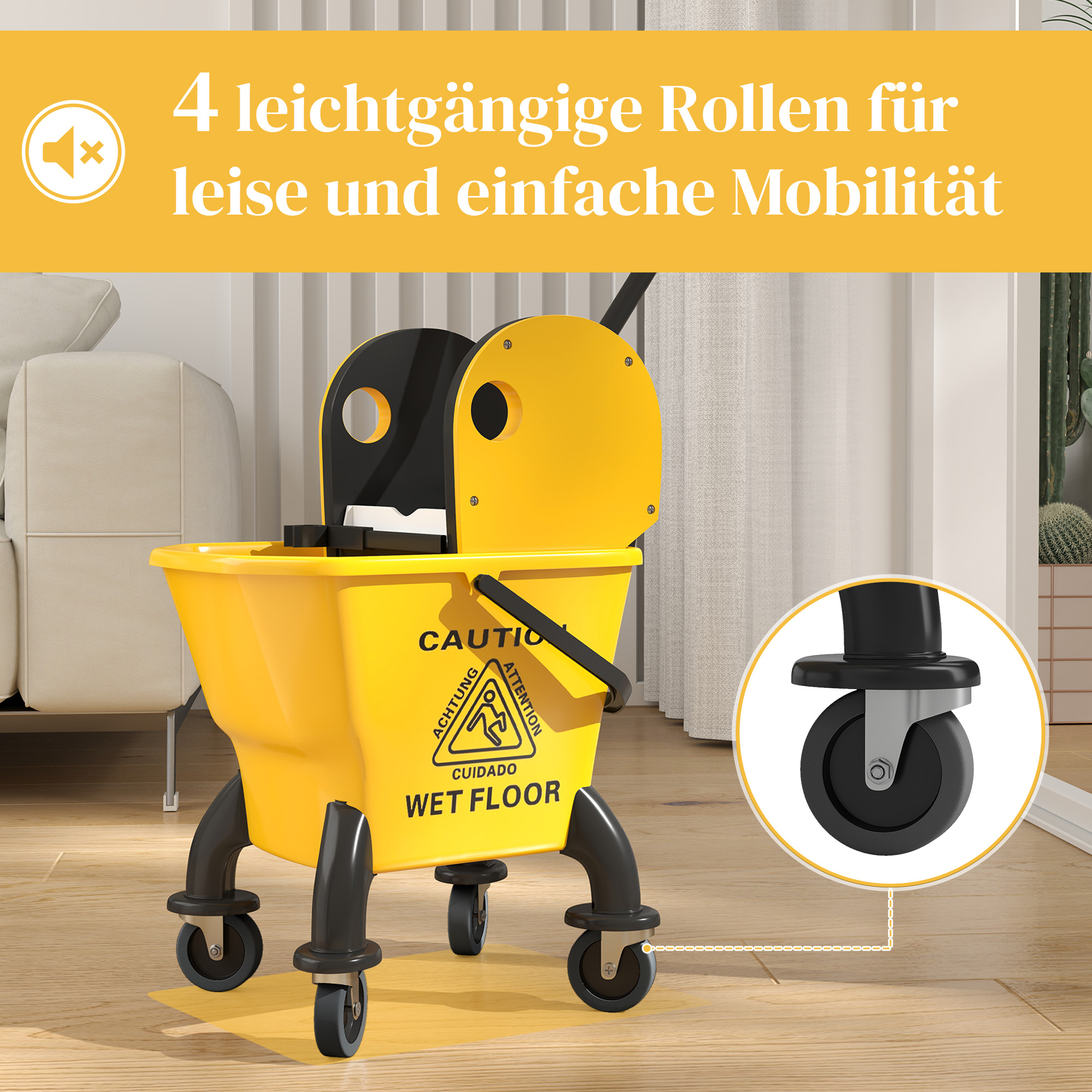 Rollbarer Mopp-Eimer, Wischeimer mit Auswringer und Mopp, 26 Liter, Gelb