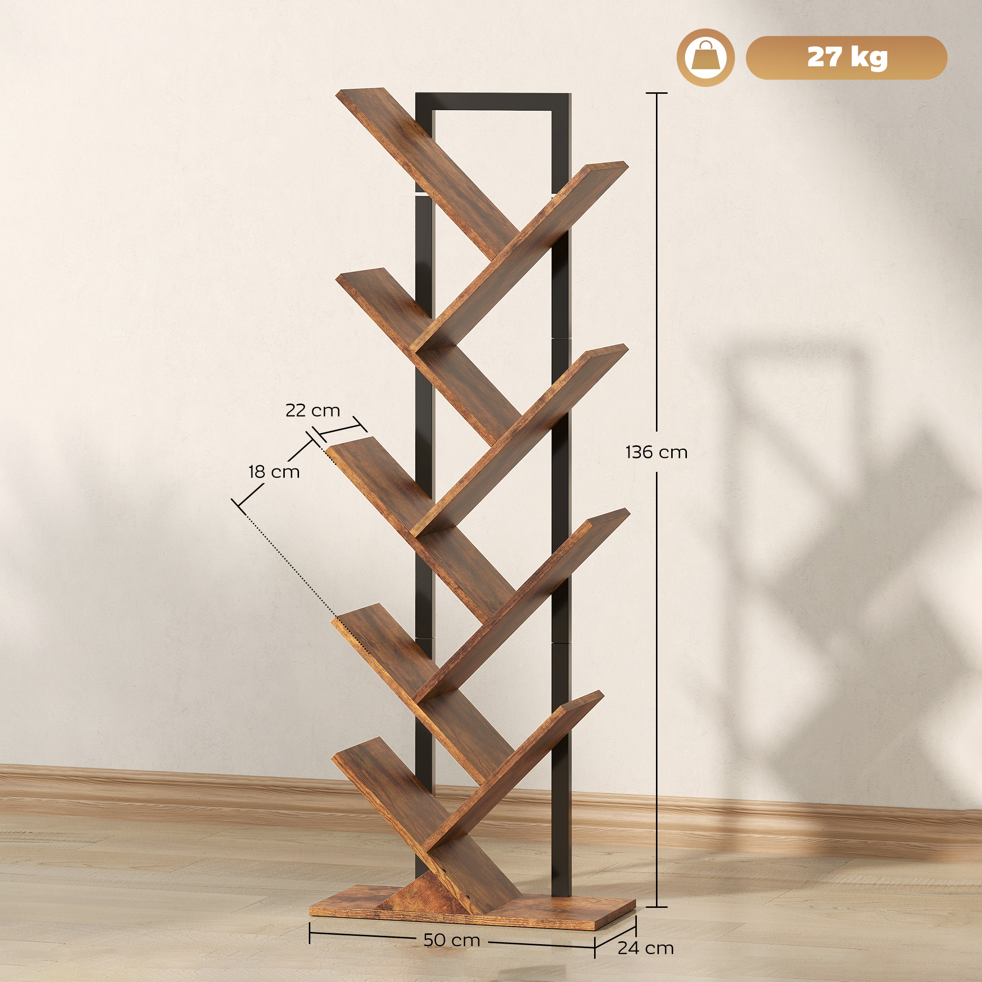 Bücherregal Standregal mit 9 Ebenen Schmal Regal im Baumform für Büro, Rustikal Braun