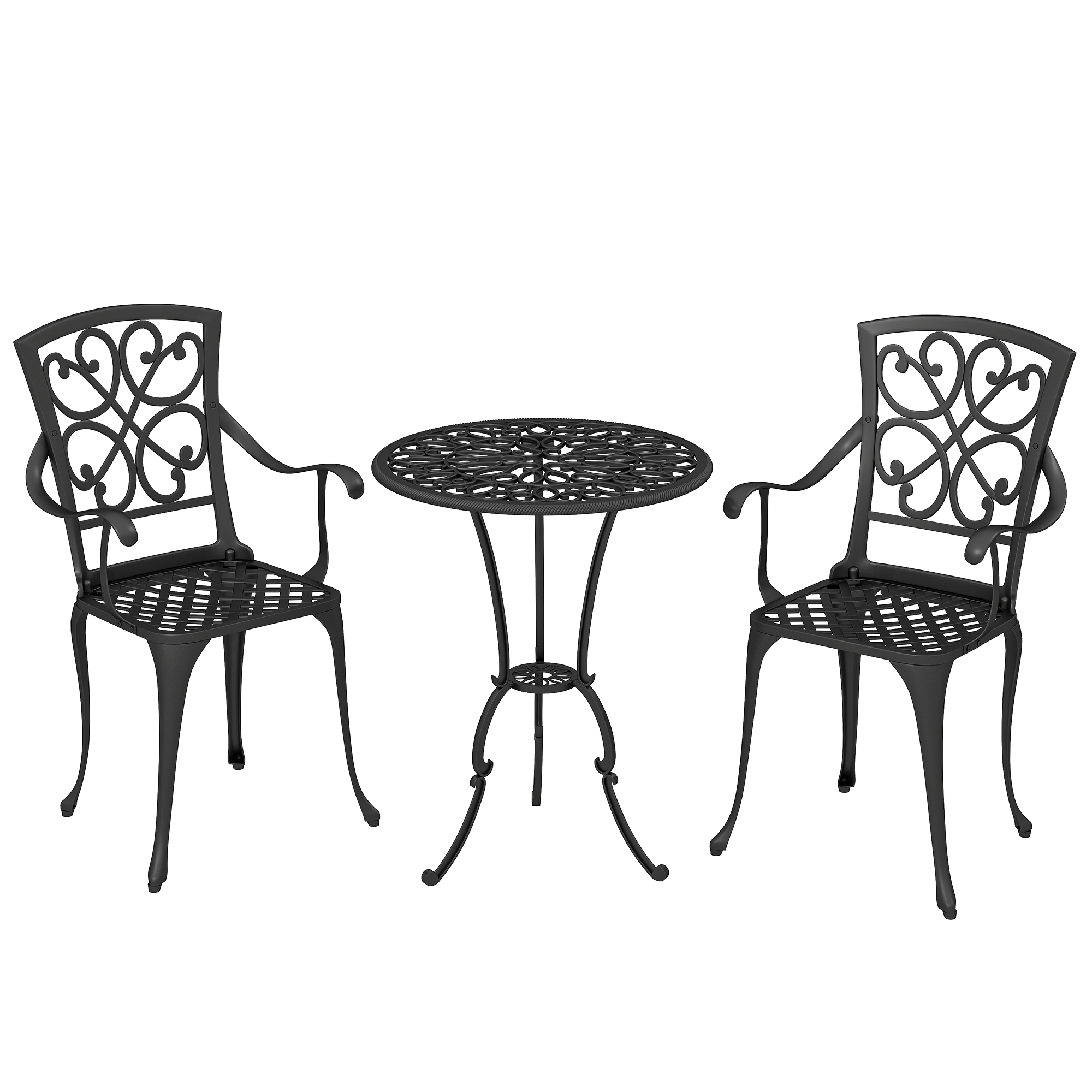 3-teiliges Garten Bistro Set runder Bistrotisch mit 2 Stühlen Sonnenschirmloch, Antik aus Aluminiumguss