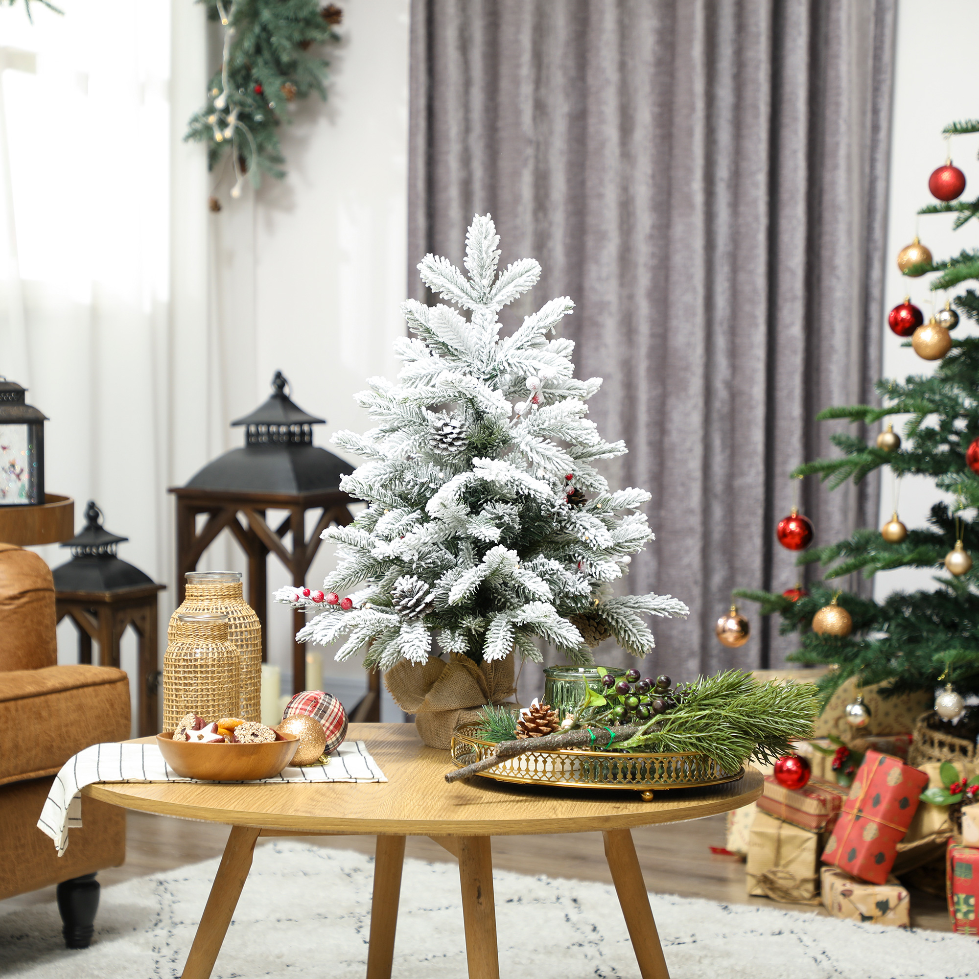 Mini 60cm Weihnachtsbaum mit 35 LED-Lichtern, Schnee-Effekt, Mini-Tischbaum mit Tannenzapfen, Künstlicher Weihnachtsbaum für Weihnachtsdekoration, Weiß
