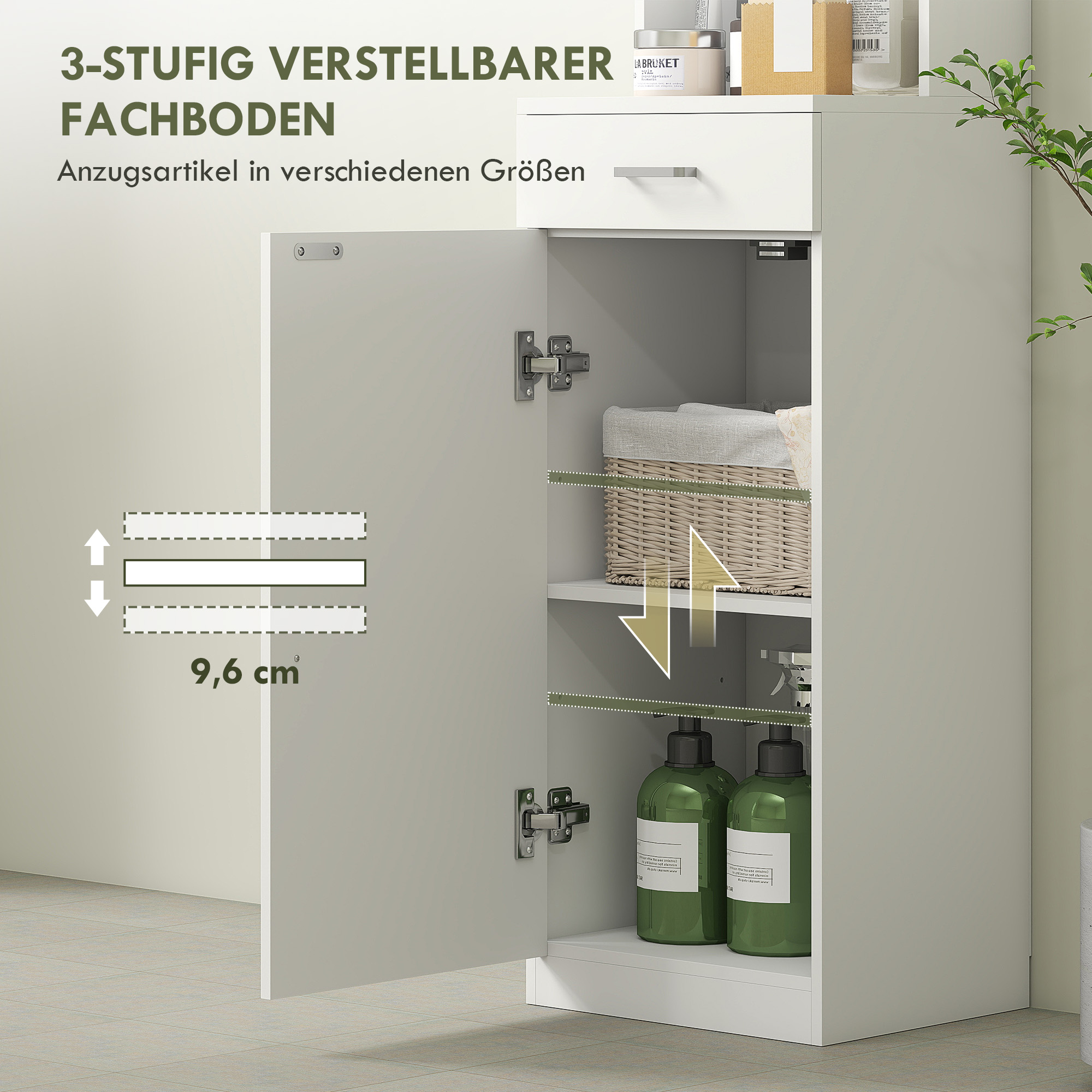 Hoher Badezimmerschrank, schmales Design, Schublade, Regale, Schrank, Spanplatte, Weiß