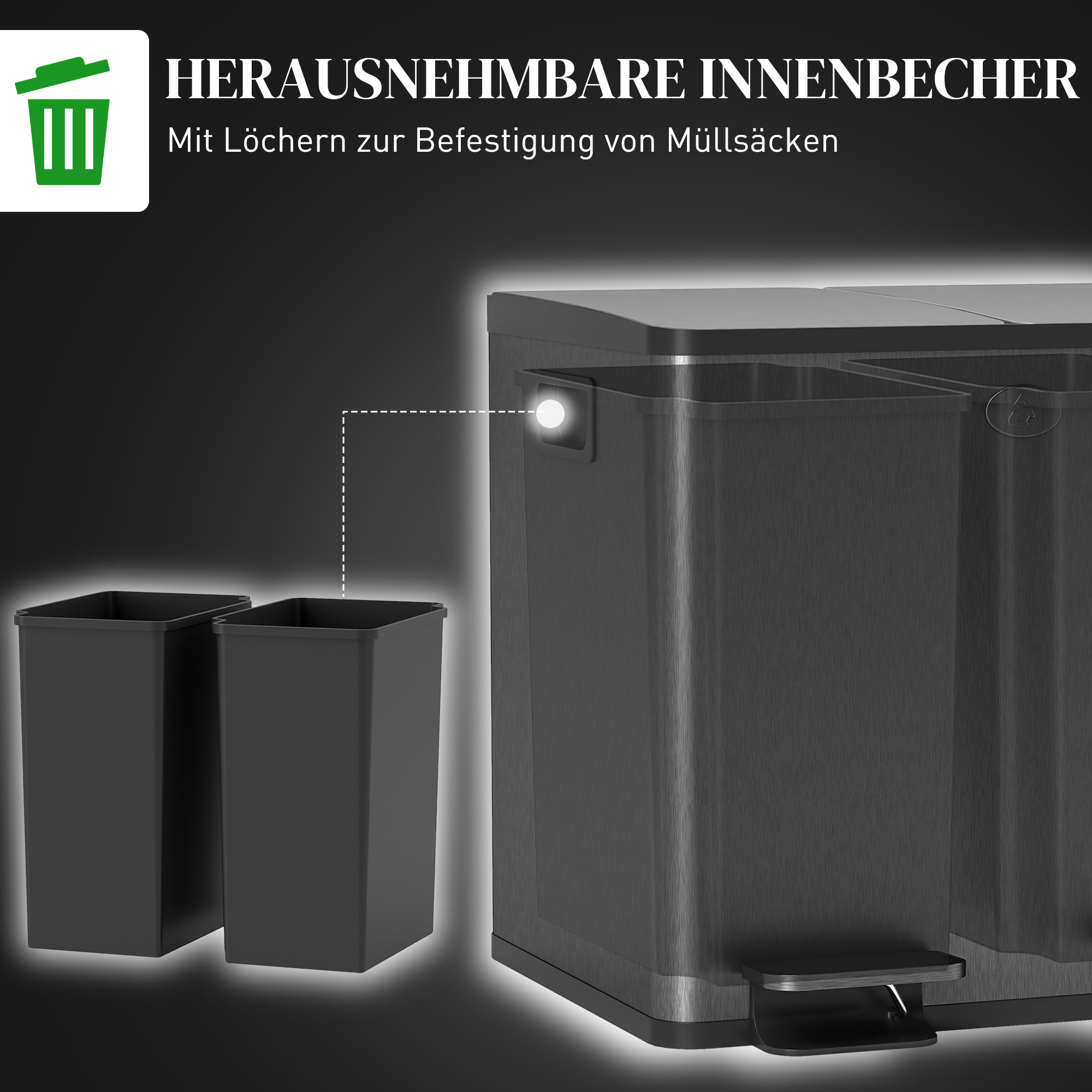 2 x 15 L Doppelmülleimer, Pedalöffnung, leicht zu reinigen, Edelstahl, Kunststoff, Schwarz