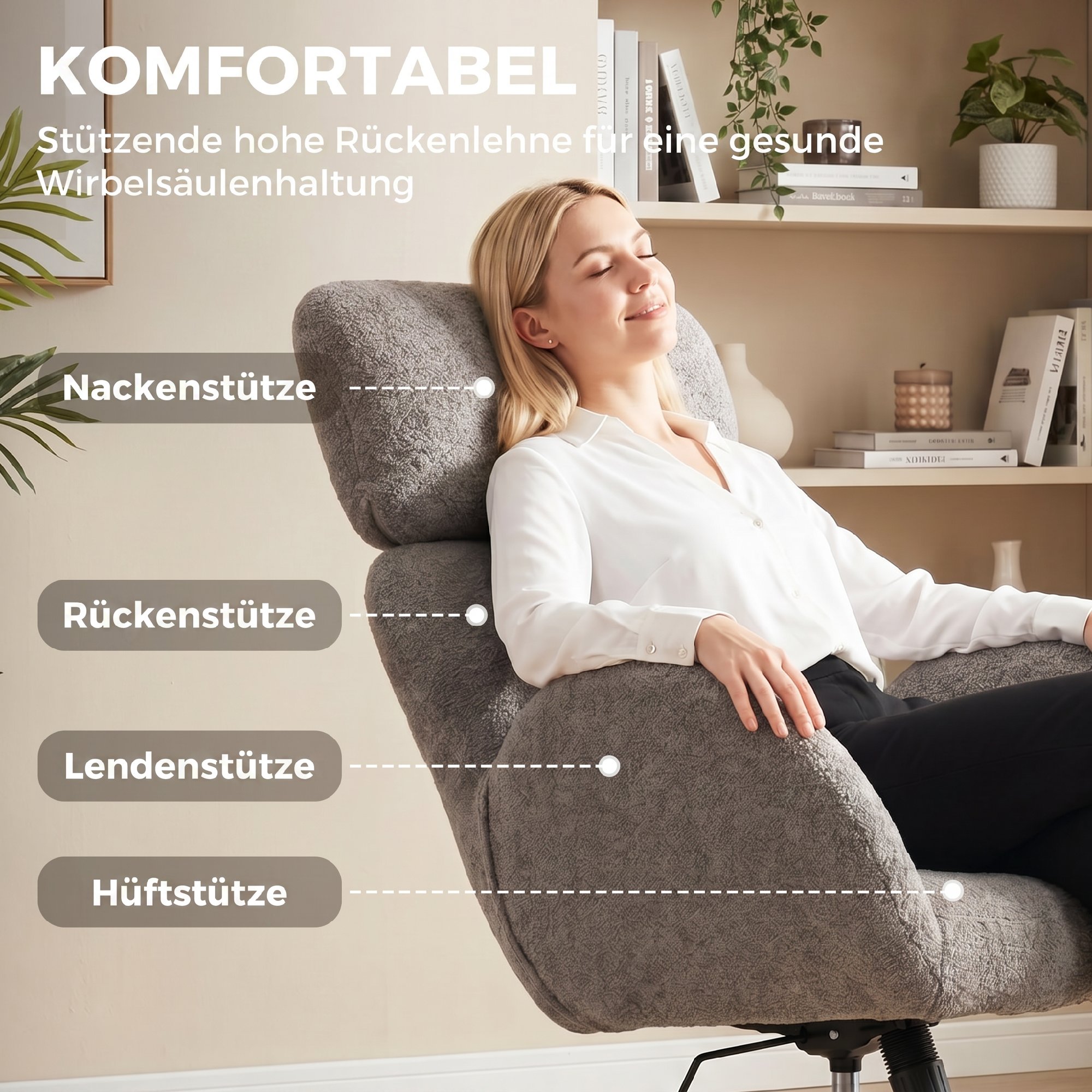 Bürostuhl mit Stoffbezug in Samtoptik, Polsterstuhl mit Stahlbasis, höhenverstellbarer Schreibtischstuhl, Grau