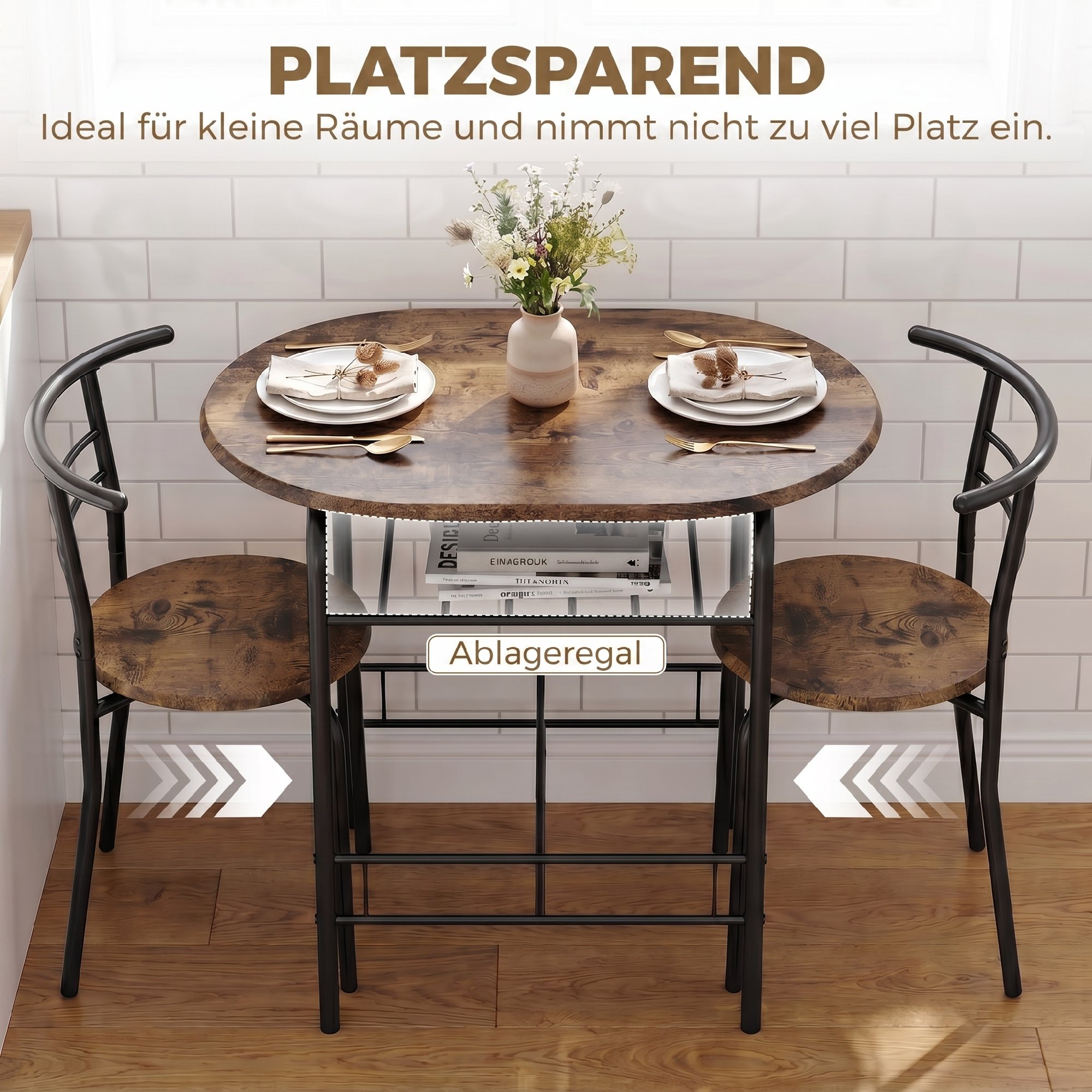 Essgruppe 3-teilig, Küchentisch und Stühle für 2 Personen mit Regal, Wohnzimmer, Rustikal-Braun Holz-Optik