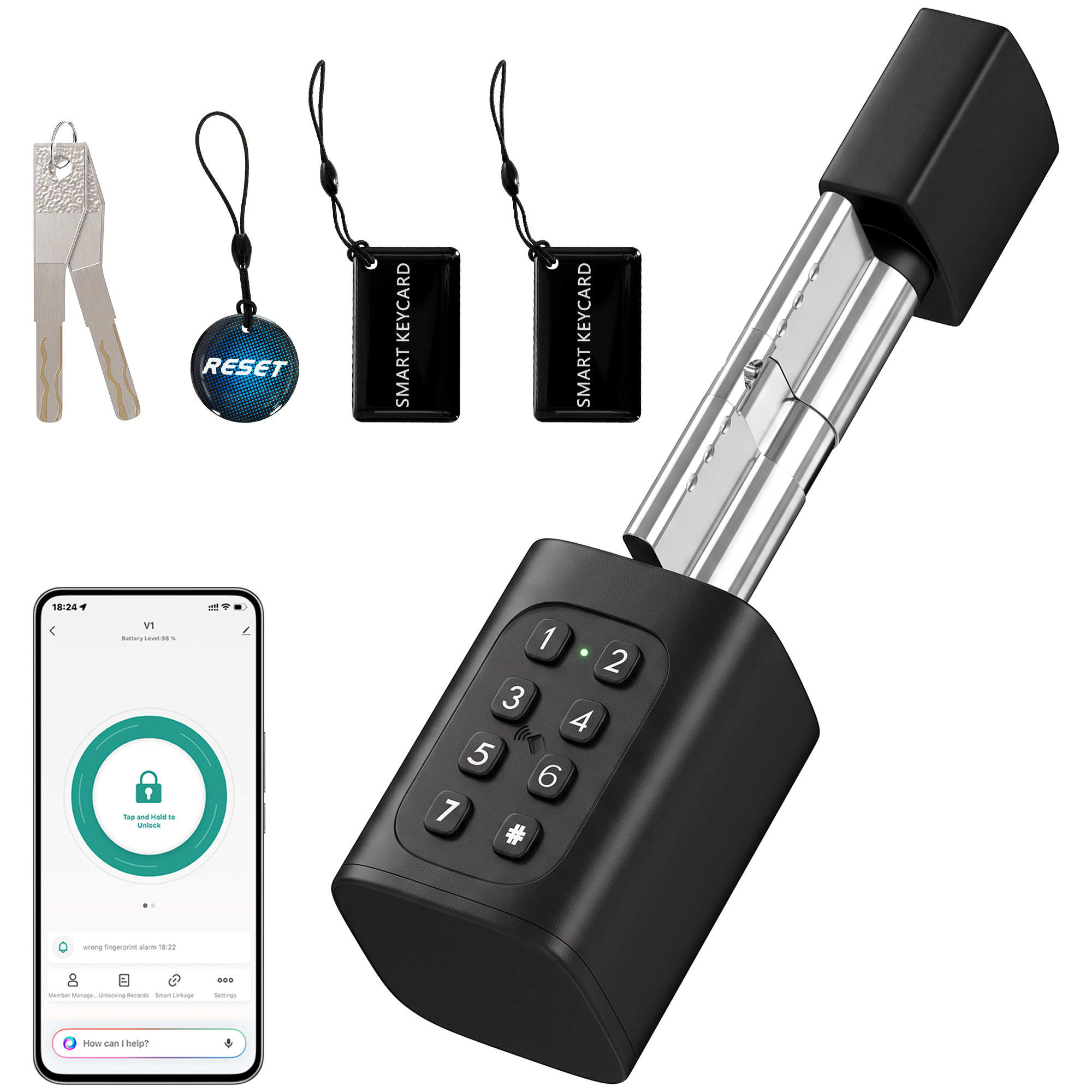 Türzylinder, 5-in-1 mit Fingerabdruck, Code, App, NFC-Karte & Schlüssel, gemeinsamer Zugriff, Bluetooth-Zylinder