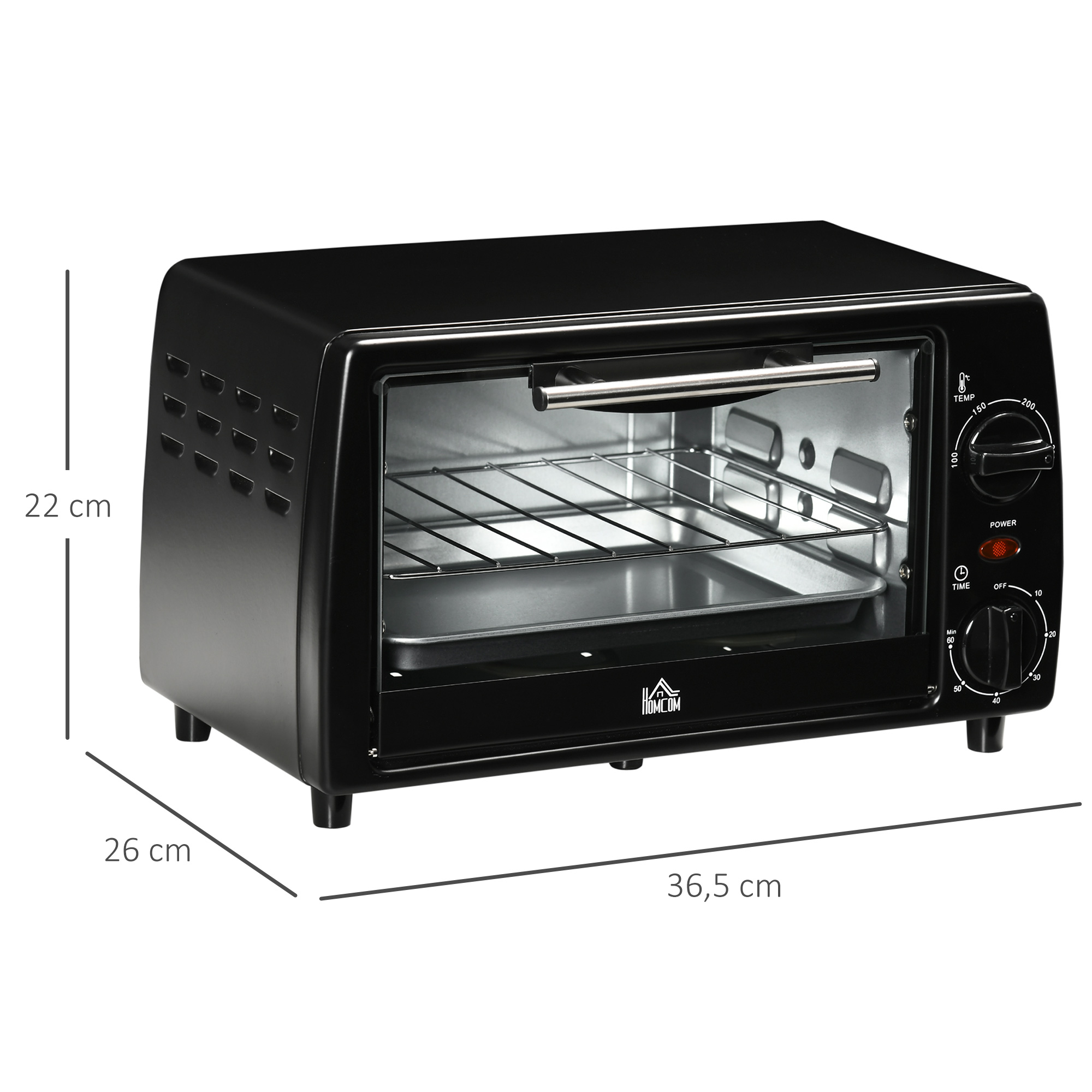 Mini-Ofen Toasterofen, 1 Backblech, 1 Grilrost, 10 L Kapazität, Timer-Funktion, 36.5 cm x 26 cm x 22 cm, Schwarz
