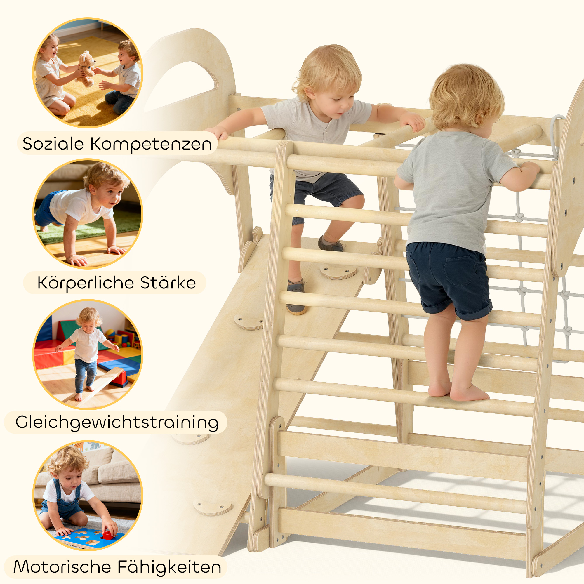 Indoor-Klettergerüst, 6-in-1 Design, Rutsche, Kletterstangen, Kletterwand, Leiter, Kletternetz, 3-6 Jahre, Holz