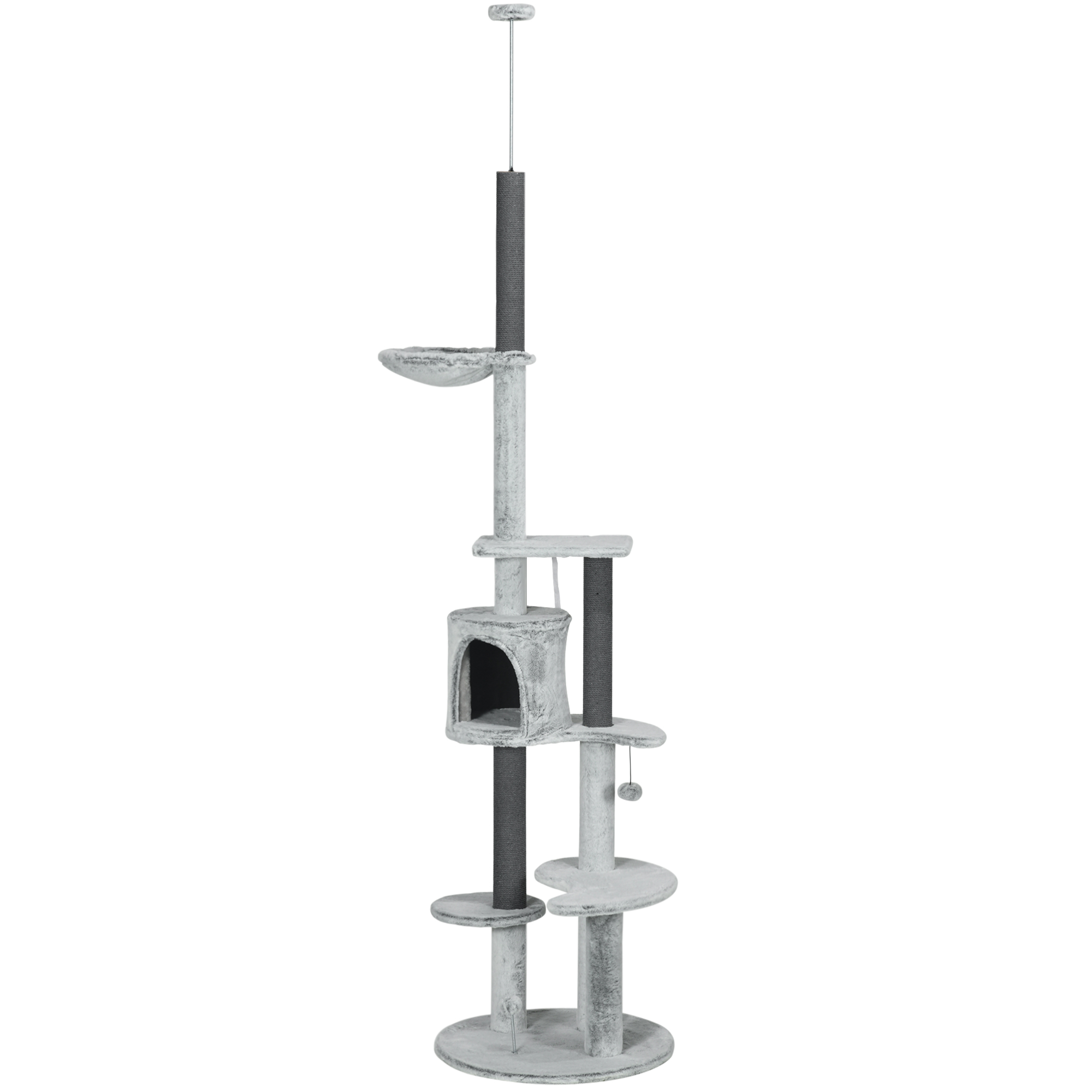 Kratzbaum mit Deckenspanner, Hängematte, Haus, Plattformen, Spielball, 225-255cm, Grau