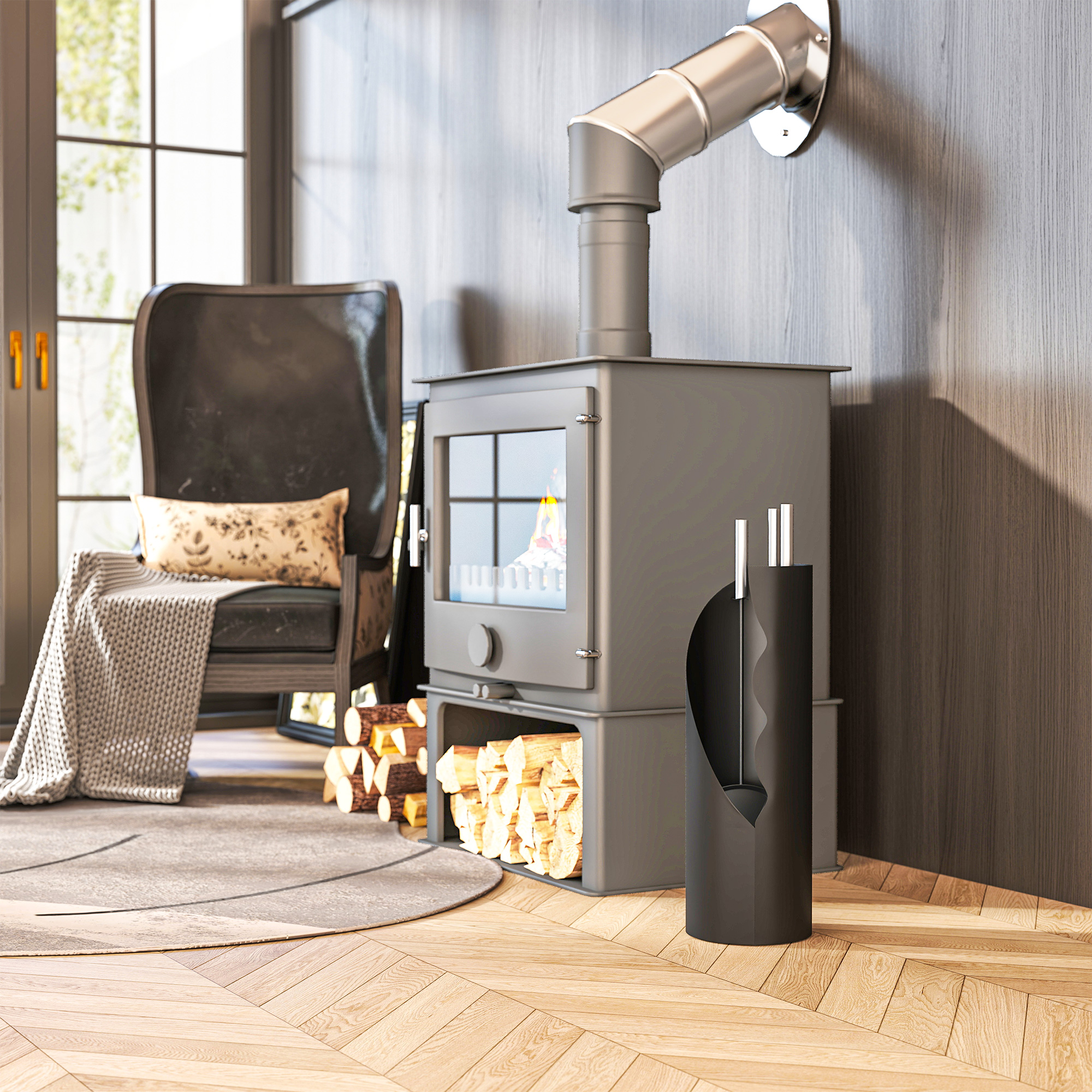 Kaminbesteck Set 4-teilig Kaminzubehör mit Besen, Schaufel, Schürhaken und Korb, Kamingarnitur, Metall, Schwarz