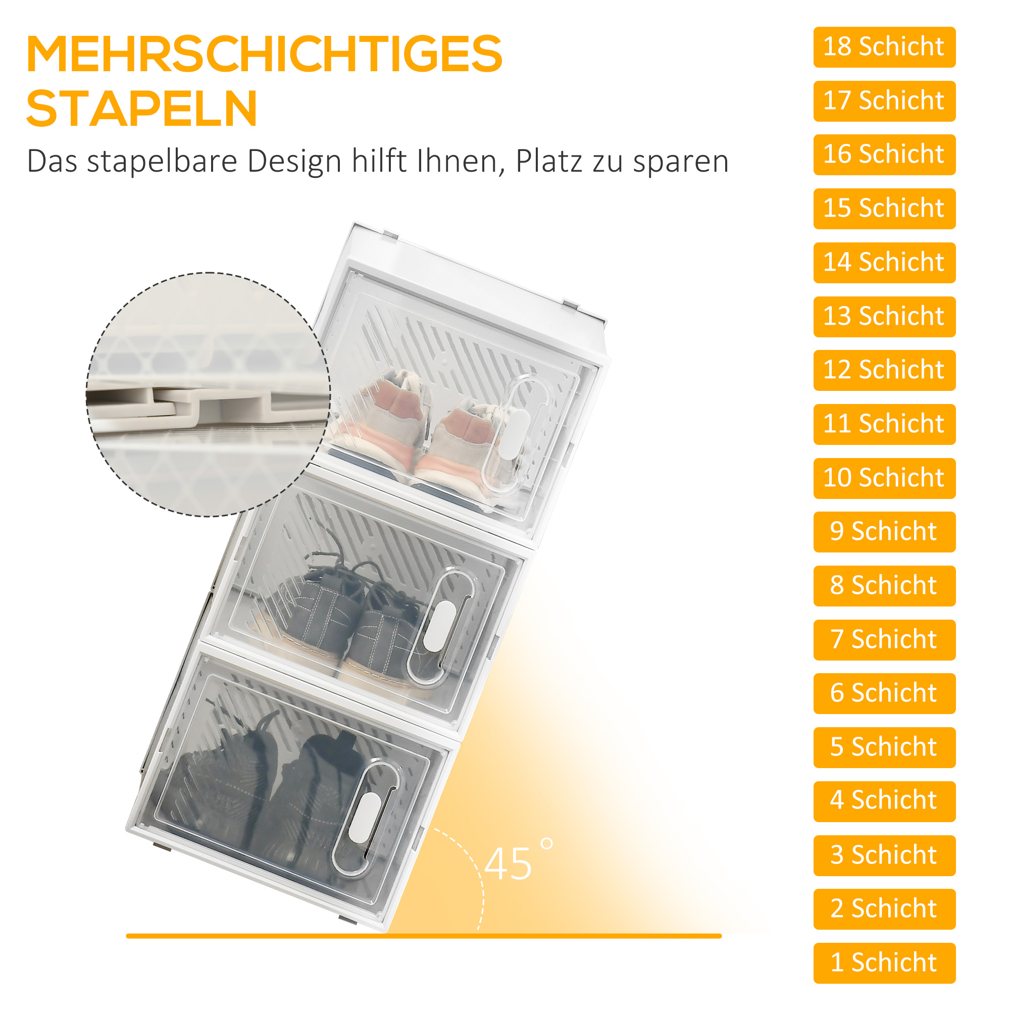 18-teiliges Schuhregal, stapelbare Schuhboxen für Schuhe bis Größe 45, magnetische Türen, Kunststoff, 28 x 36 x 21 cm