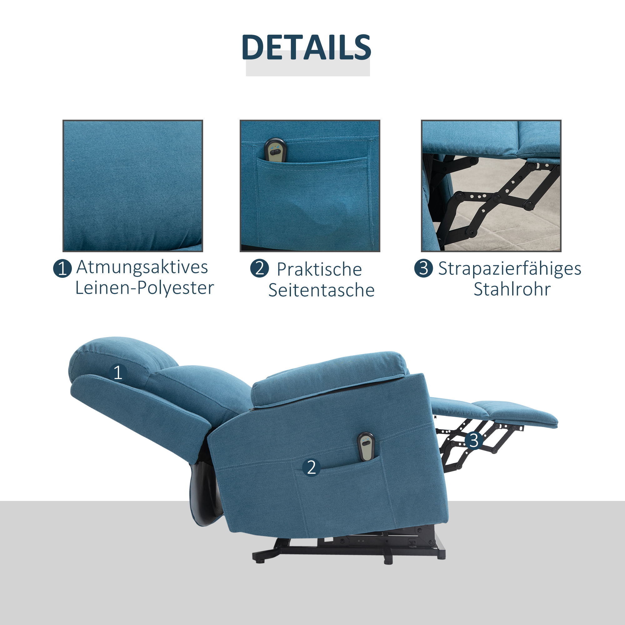 Fernsehsessel mit Aufstehhilfe Elektrisch Relaxsessel mit Liegefunktion, TV-Sessel mit Fernbedienung Seitentasche Taschenfederkern Leinenoptik Blau