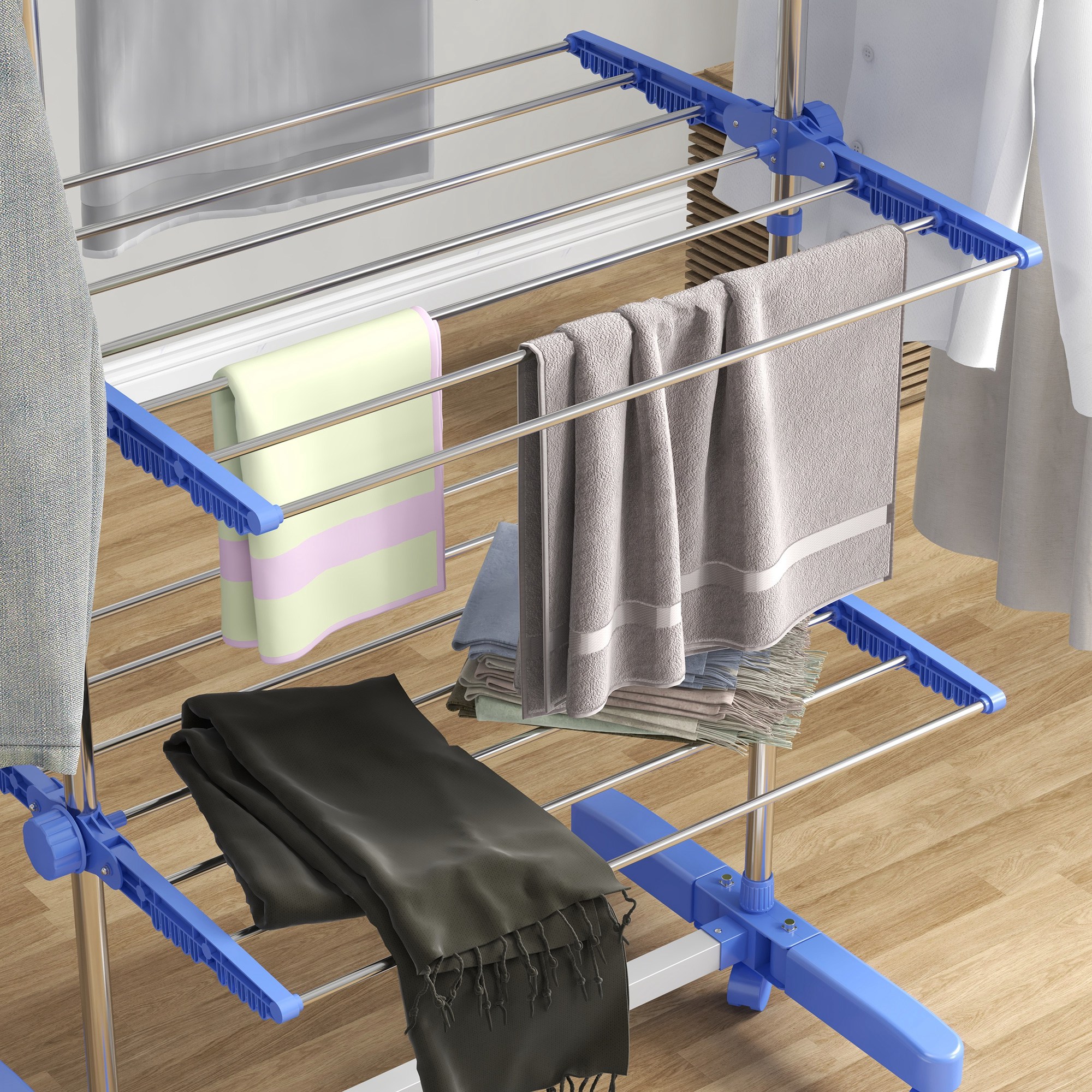 Wäschenständer Wäschetrockner 5 Ebenen, klappbar, One-Klick-System, 142 cm x 55 cm x1 72 cm, Blau + Silber