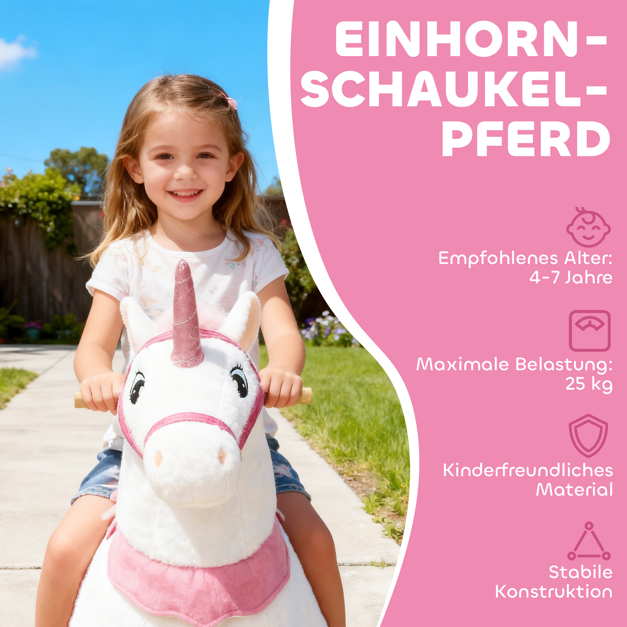 Reitpferd für Kinder, Einhorn-Design, Stoffbezug, stabiler Rahmen, sanfte Räder, Schaukelpferd, 3-5 Jahre, Weiß