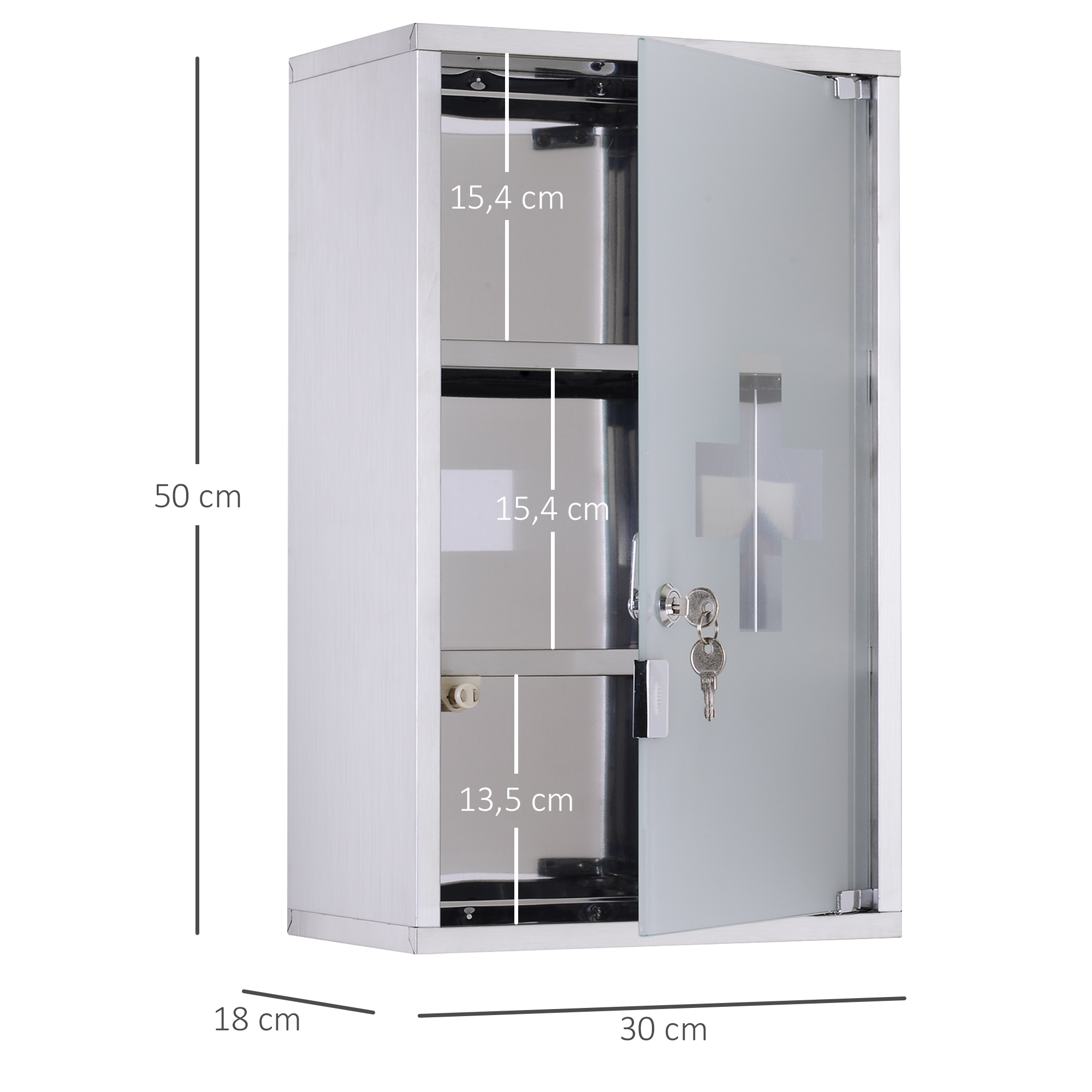 Medizinschrank Arzneischrank aus Edelstahl, Abschließbar Medikamentenschrank mit 3 Fächern, Glastür Apothekerschrank zur Medikamenten-Aufbewahrung, 30 x 18 x 50 cm