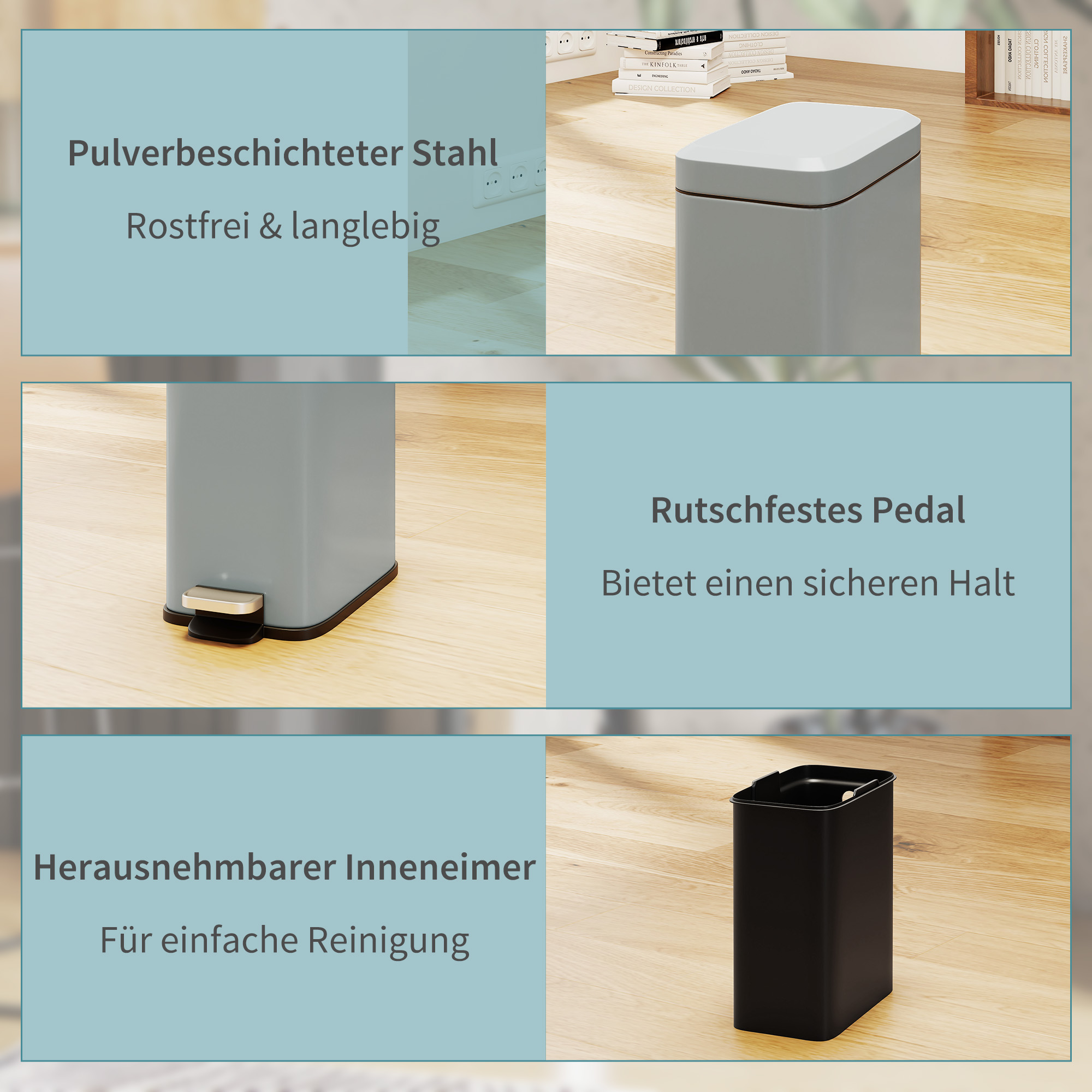Mülleimer aus Metall, Abfalleimer, 5 L Fassungsvermögen, mit Fußpedal, mit Inneneimer, Grau