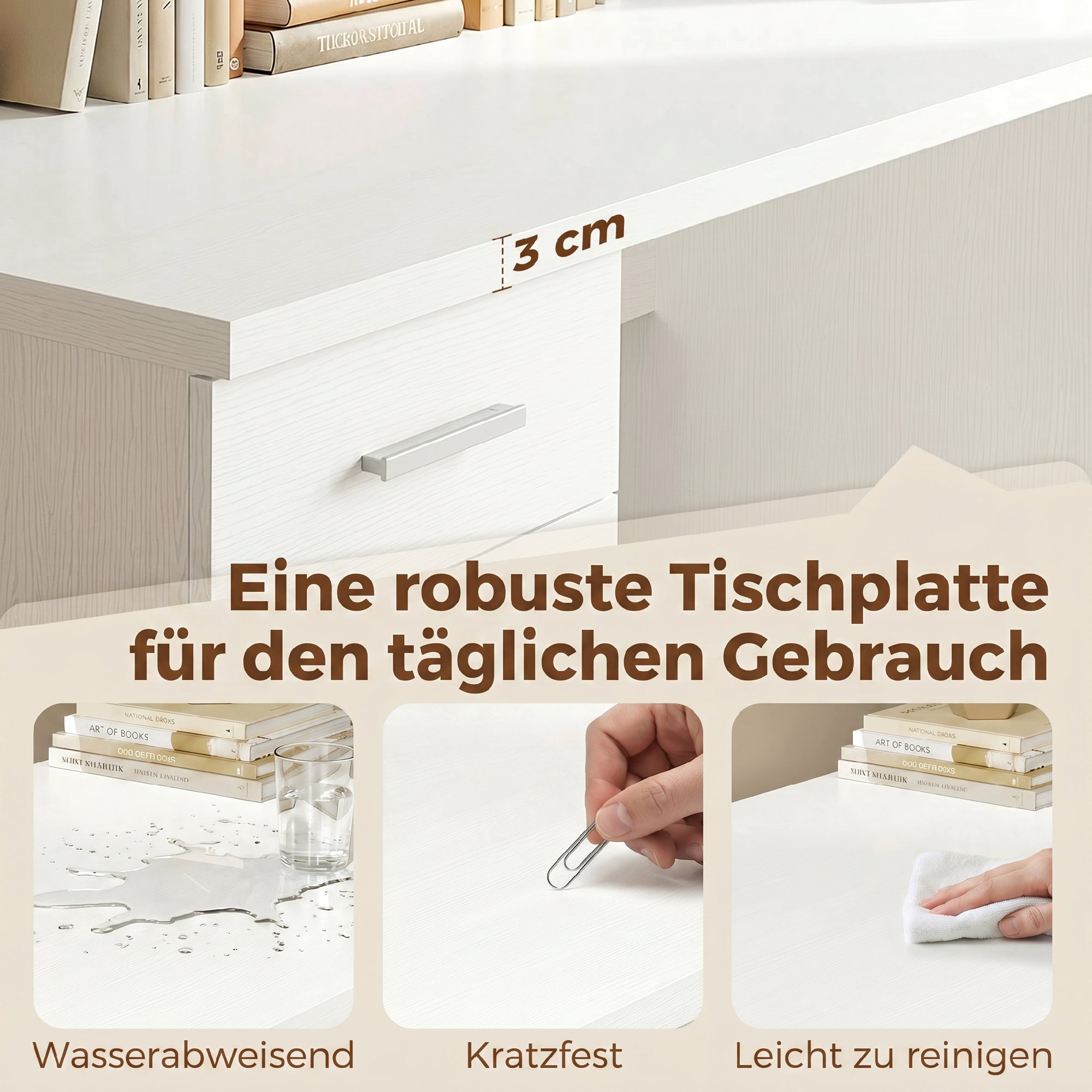 Computertisch mit 4 Schubladen und Schrank, 140 cm Schreibtisch für Arbeitszimmer, Weiß Holzoptik