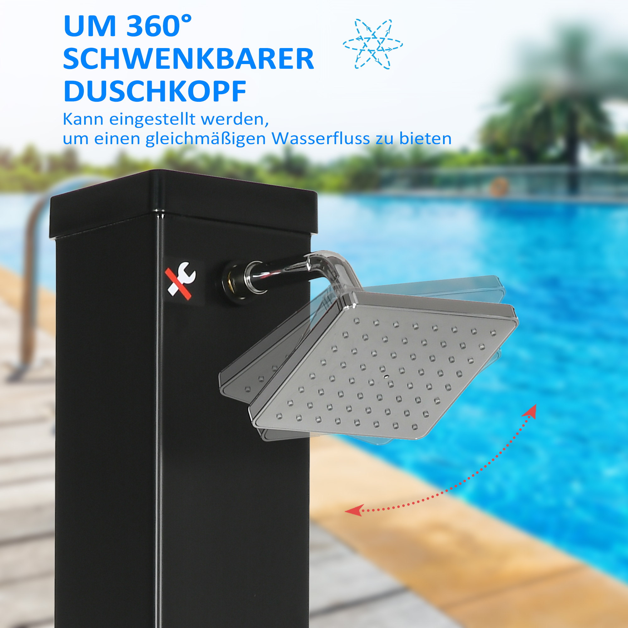 Solardusche, um 360° drehbarer Duschkopf, Fußdusche, Wassererhitzung bis 60° C, schwarz, 19 x 20 x 217 cm