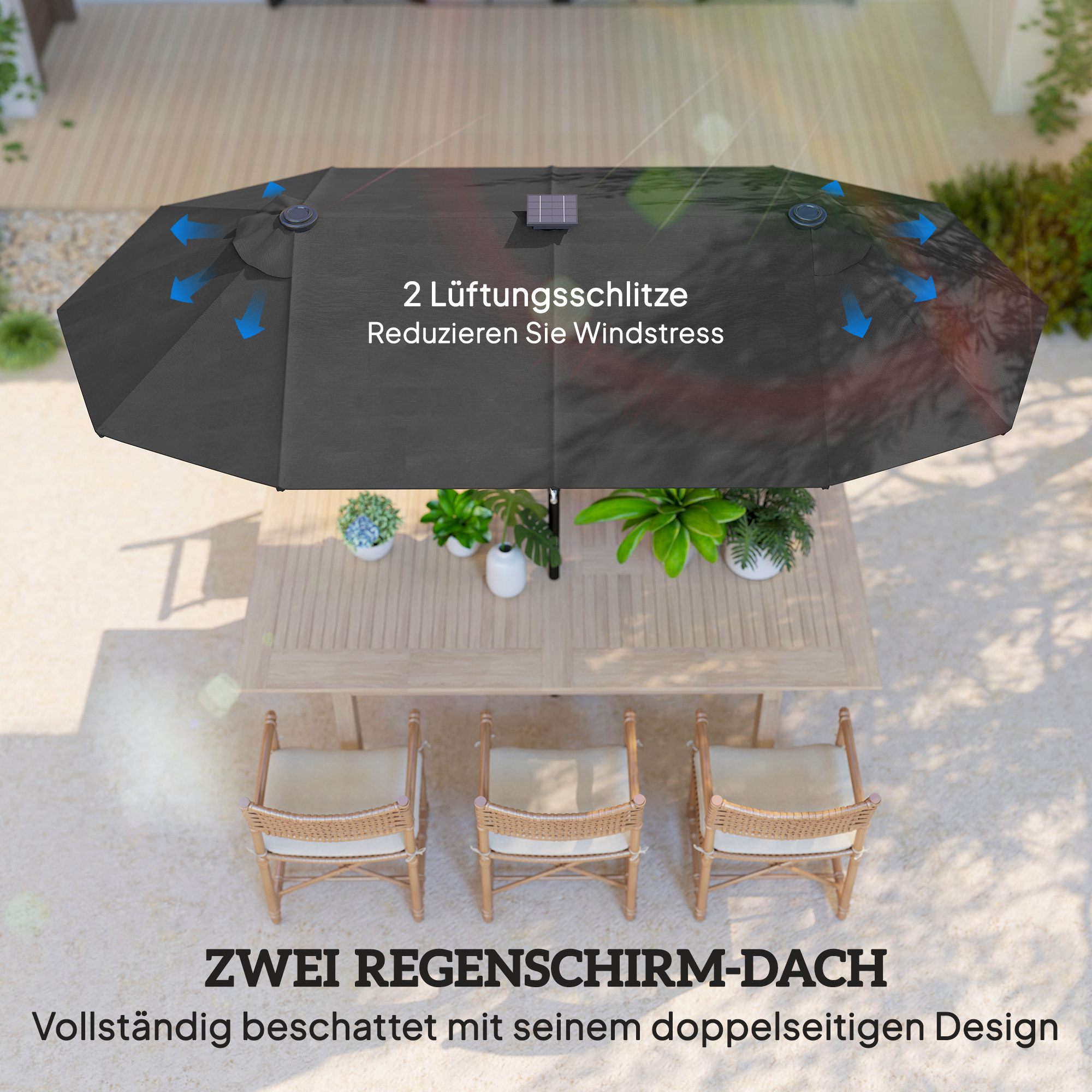 Doppelschirm, Terrassenschirm, neigbar, mit Solarpaneel, 35 LEDs, Stahlrahmen, grau, 2,92 x 1,50 x 2,18 m