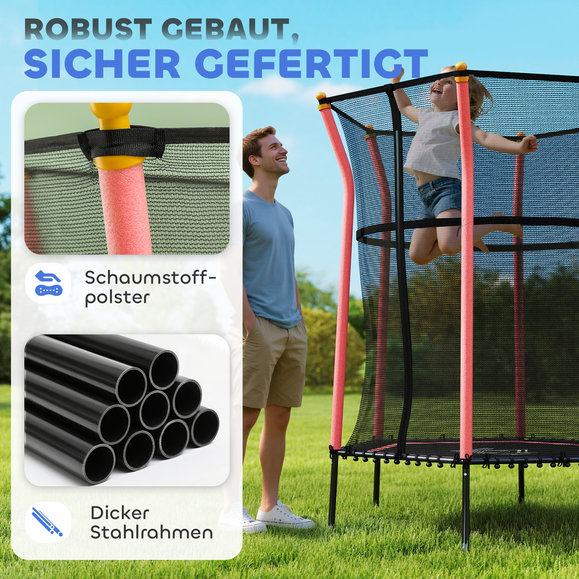 Trampolin für Kinder, Ø163,5 cm, mit Sicherheitsnetz, gepolstert, Stahl, belastbar bis 50 kg, Schwarz & Rot