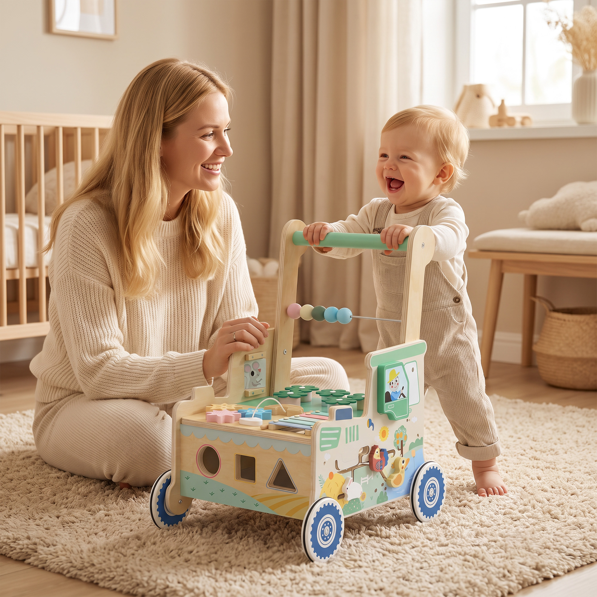 Baby Lauflernwagen Lauflernhilfe mit Rädern Bauklötze Stauraum Montessori Aktivitätszentrum für 1-3 Jahre Grün