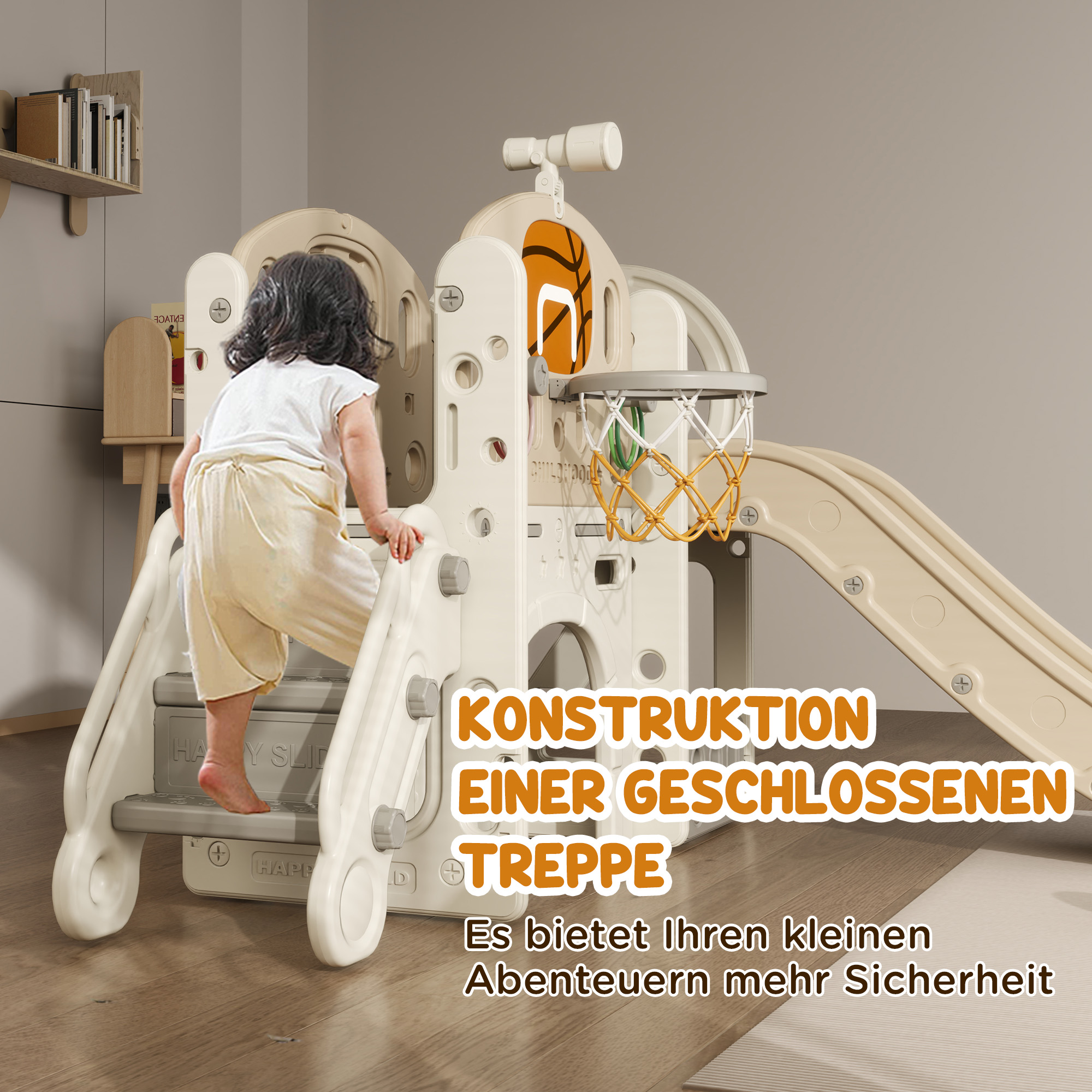 Kinder-Spielgerüst, 7-in-1 Rutsche, Indoor Spielplatz mit Stauraum und Krabbeltunnel, 186x153x111 cm, Cremeweiß