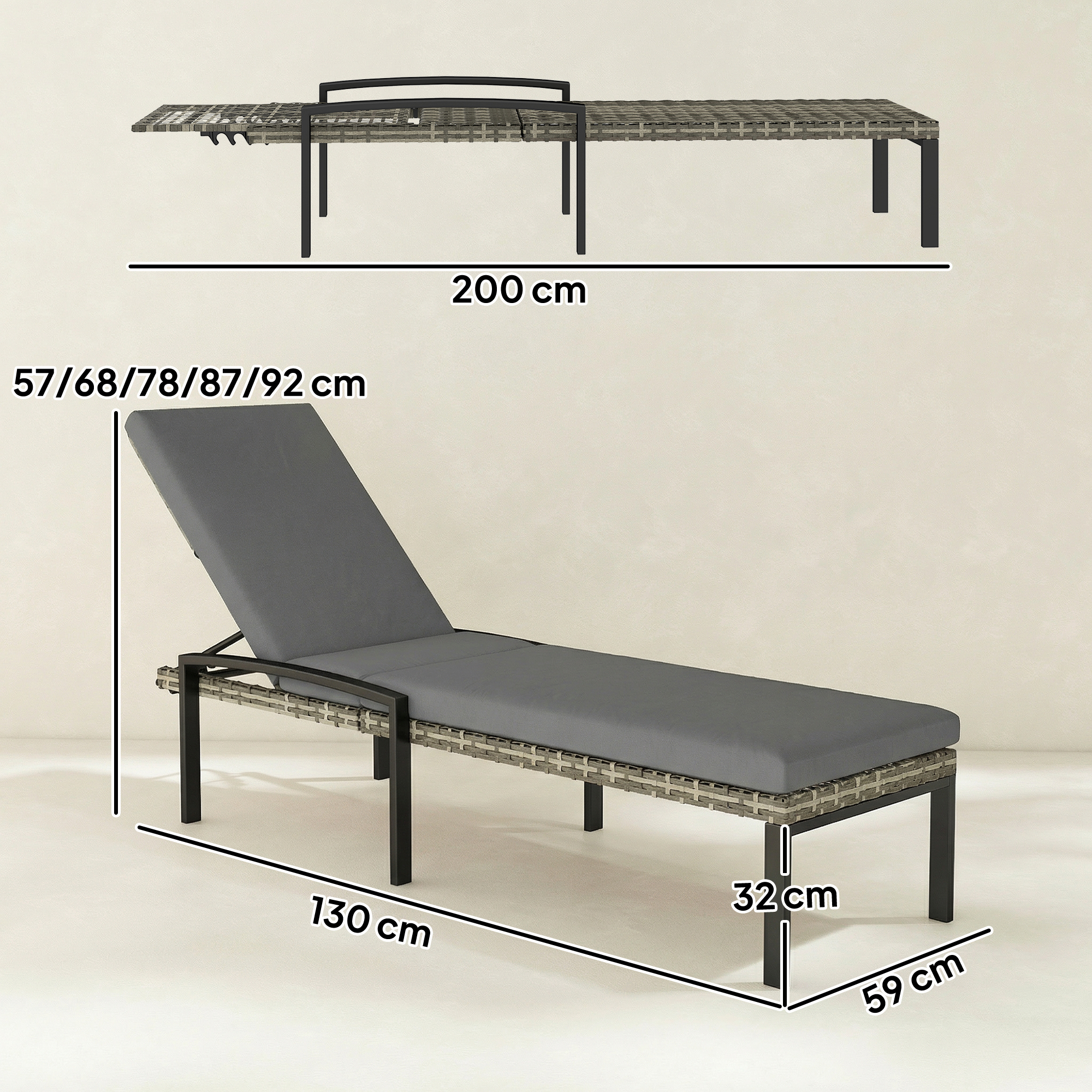 2er Set Sonnenliege Polyrattan Gartenliege mit 5-Fach verstellbar Rückenlehne Auflage bis 120kg Hellgrau