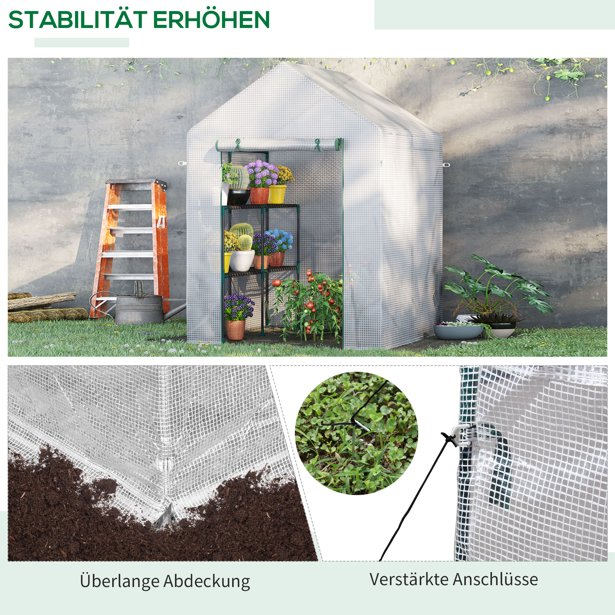 Foliengewächshaus begehbares Gewächshaus mit 4 Regalebenen Tomatengewächshaus Treibhaus Frühbeet mit Reißverschlusstüren Weiß Stahl PE-Kunststoff 143 x 143 x 195 cm