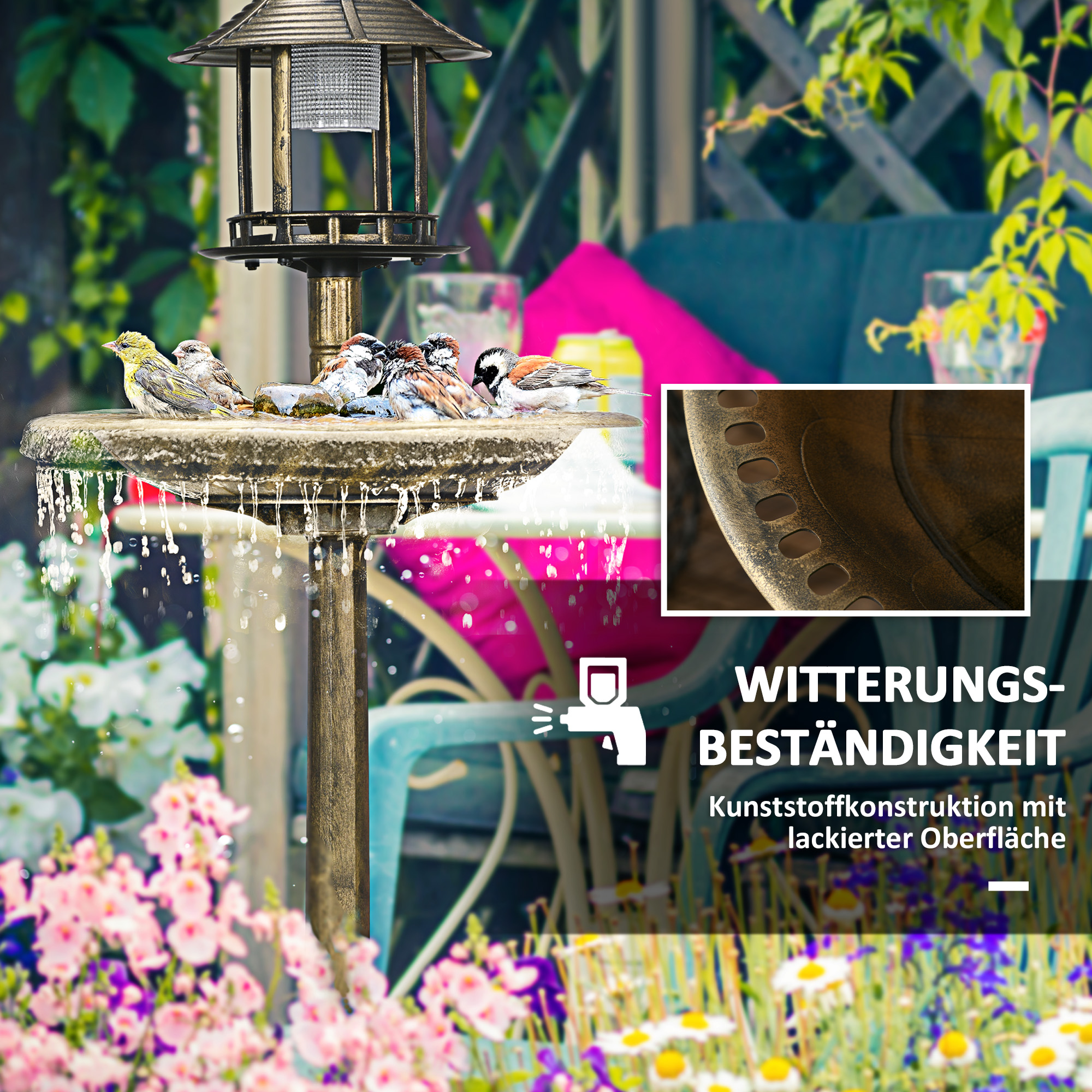 Vogeltränke Vogelhaus Futterschale, wetterbständig, 2 Schalen, Vintagedesign, 50 x 50 x 110 cm, Bronzefarben