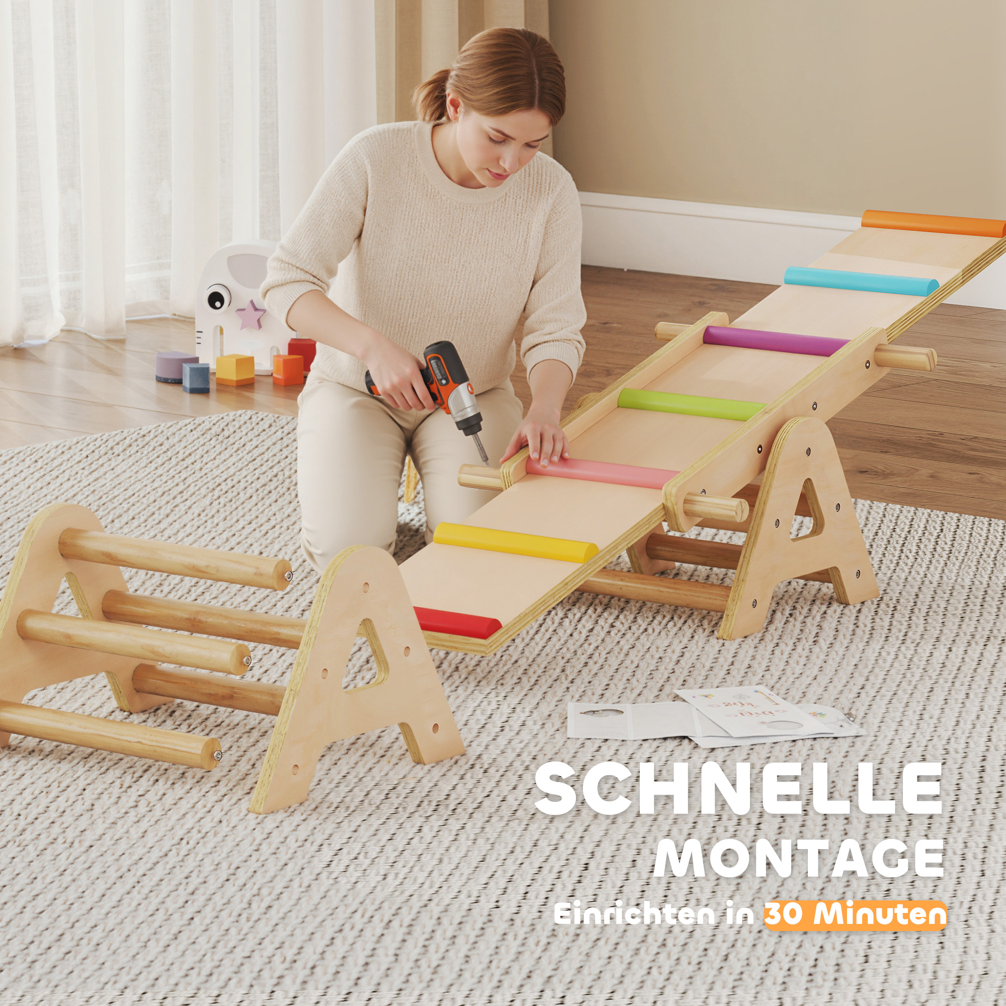 2 In 1 Balance Wippe Kinder, Schwebebalken aus Holz, Wippe Schaukelwippe Garten, Balance Board 133 x 38 x 24 cm