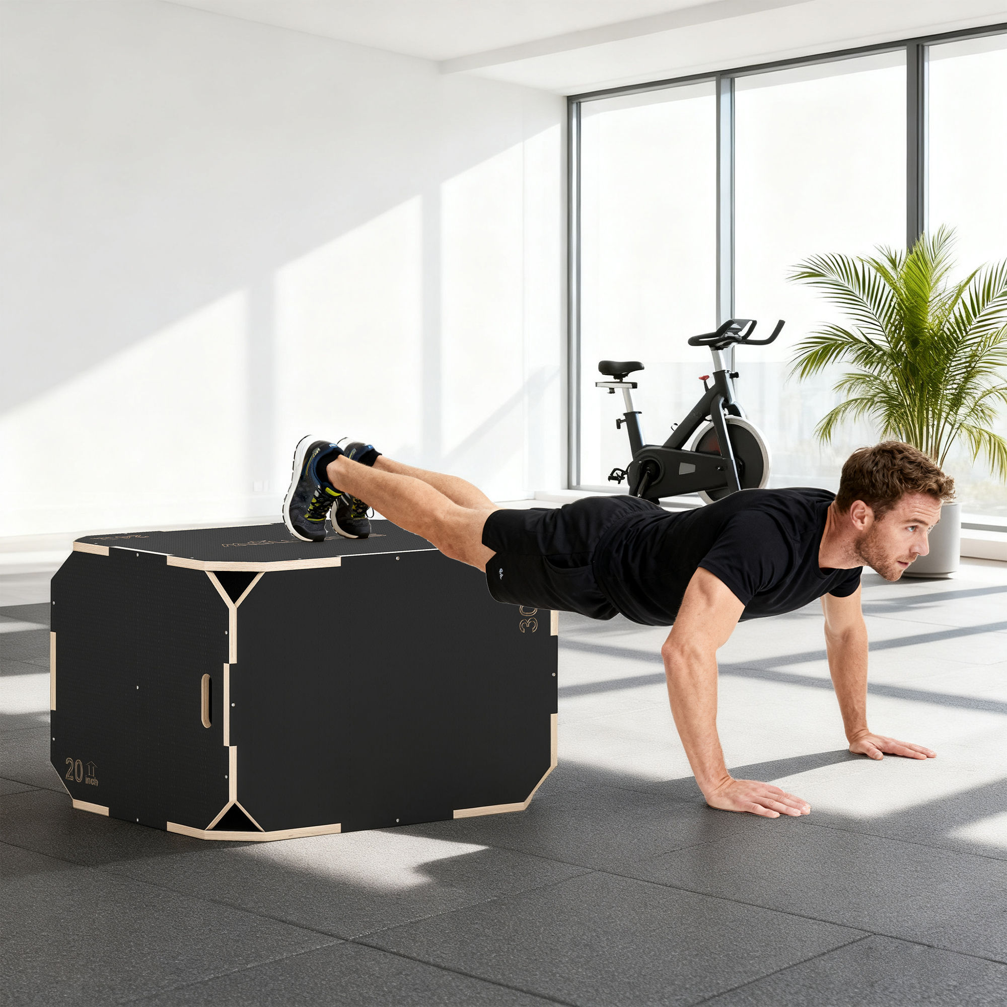 3-in-1 Plyo-Box, Sprungbox mit Griff-Öffnungen, für Home-Fitness und Outdoor-Workouts, 3 Sprunghöhen, Holz, Schwarz