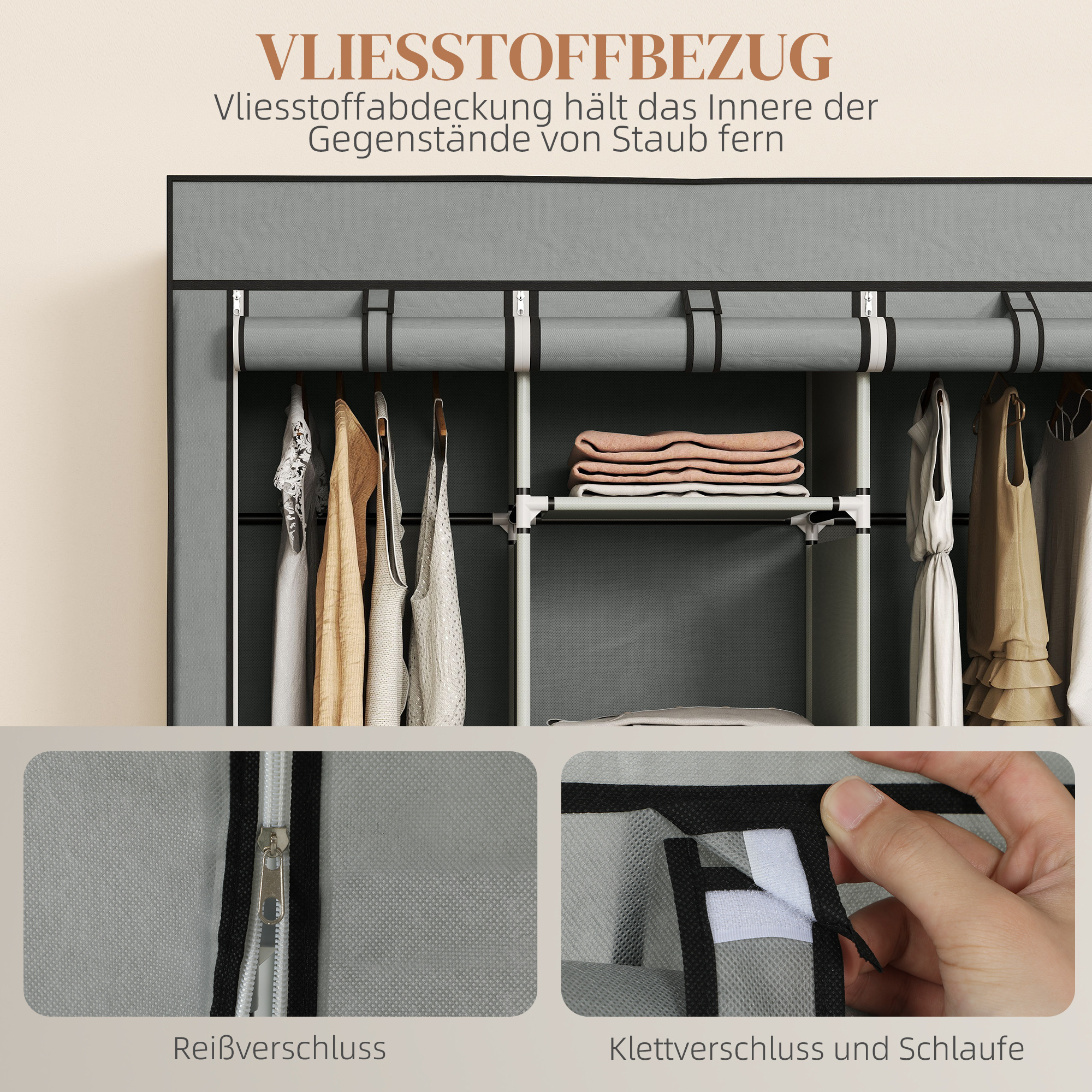 Stoffschrank aus Vlies, Faltschrank, inkl. 3 Schubladen, 125 cm x 43 cm x 162,5 cm, Hellgrau