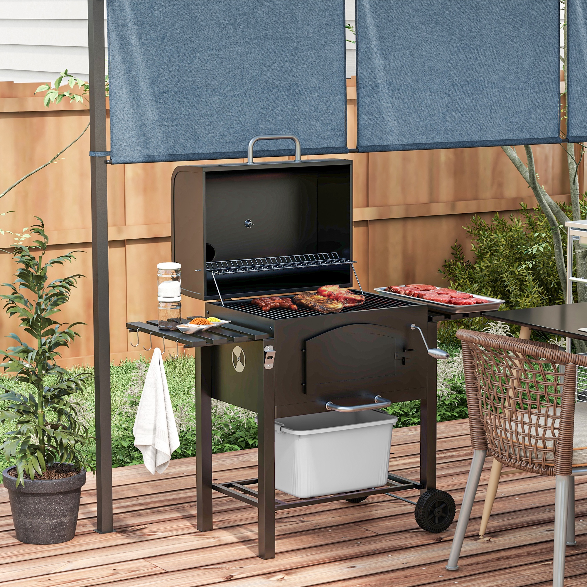 Holzkohlegrill BBQ-Grill Smoker, verstellbares Kohlefach, Seitenablagen, 124 x 66 x 112 cm, Schwarz