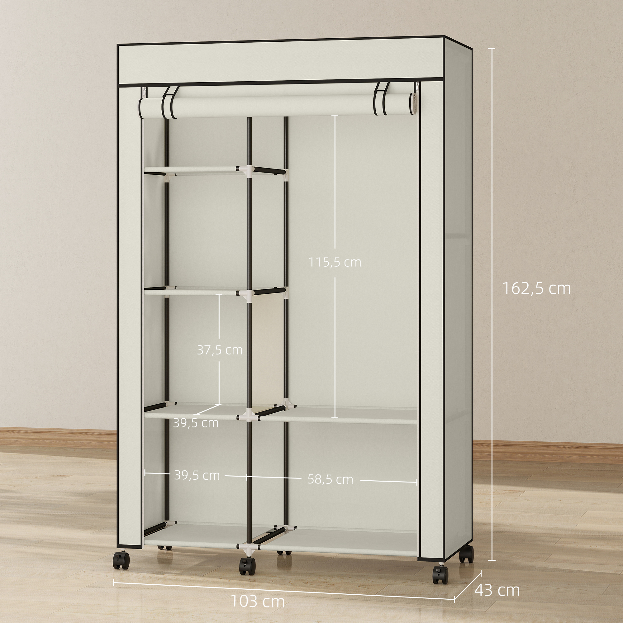 Schrank aus Stoff, Aufbewahrungslösung, 6 Regale, 1 Kleiderstange, Creme