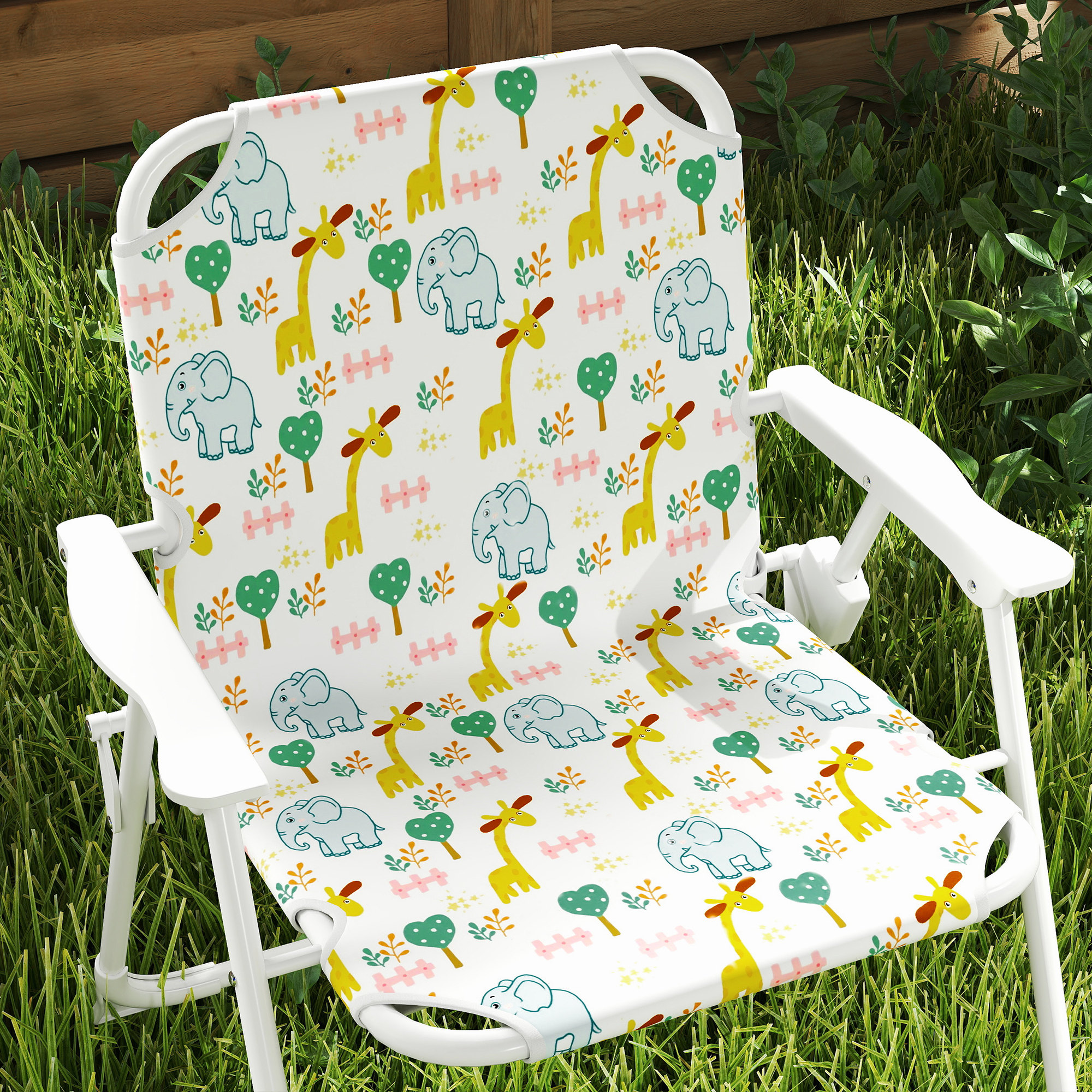 Kinder-Sitzecke, Klappstuhl-Sitz-Set mit Sonnenschirm, Buntes Muster, Weiß