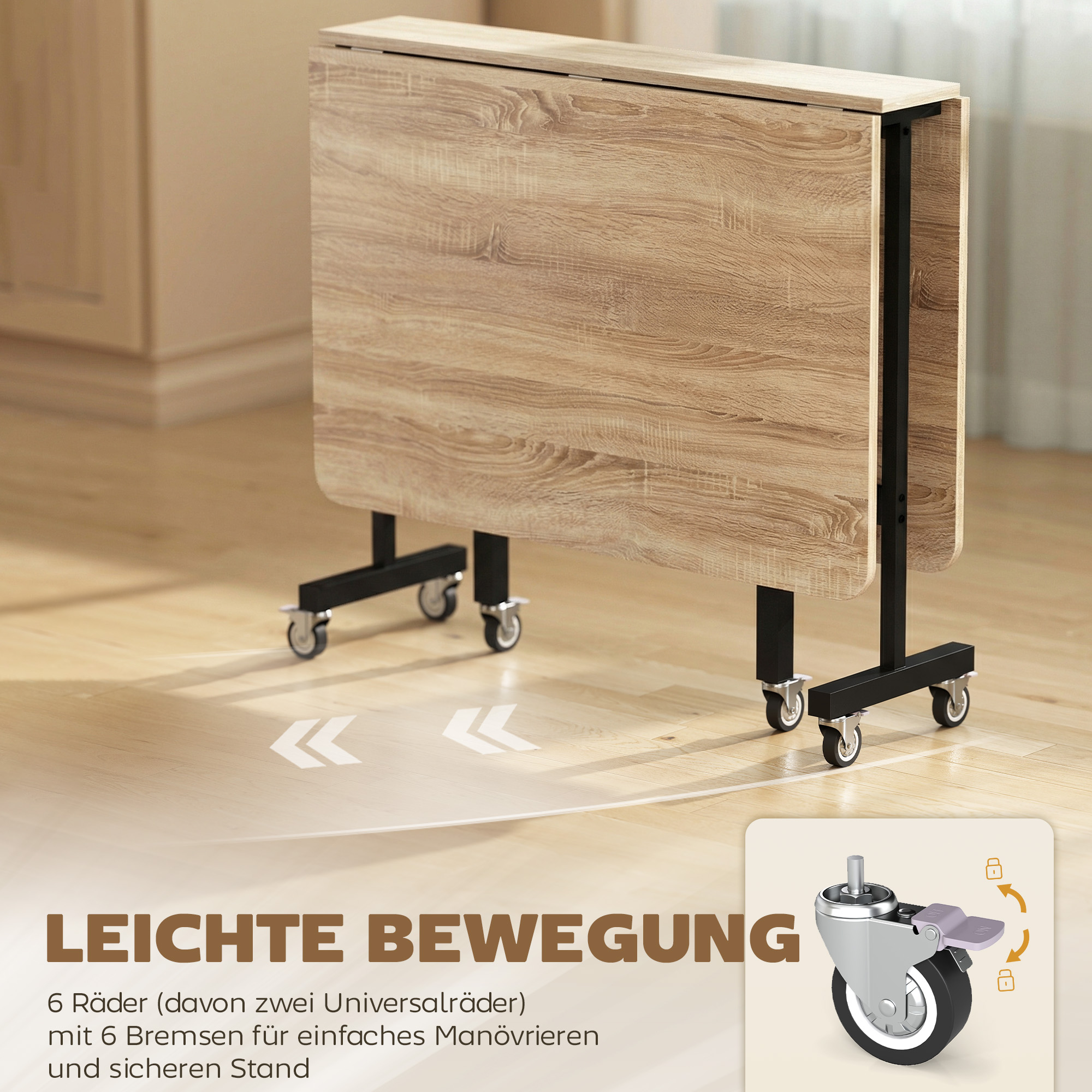 mobiler Klapptisch mit 6 Rollen und Bremsen, faltbarer Küchen-Esstisch für kleine Räume, Eiche