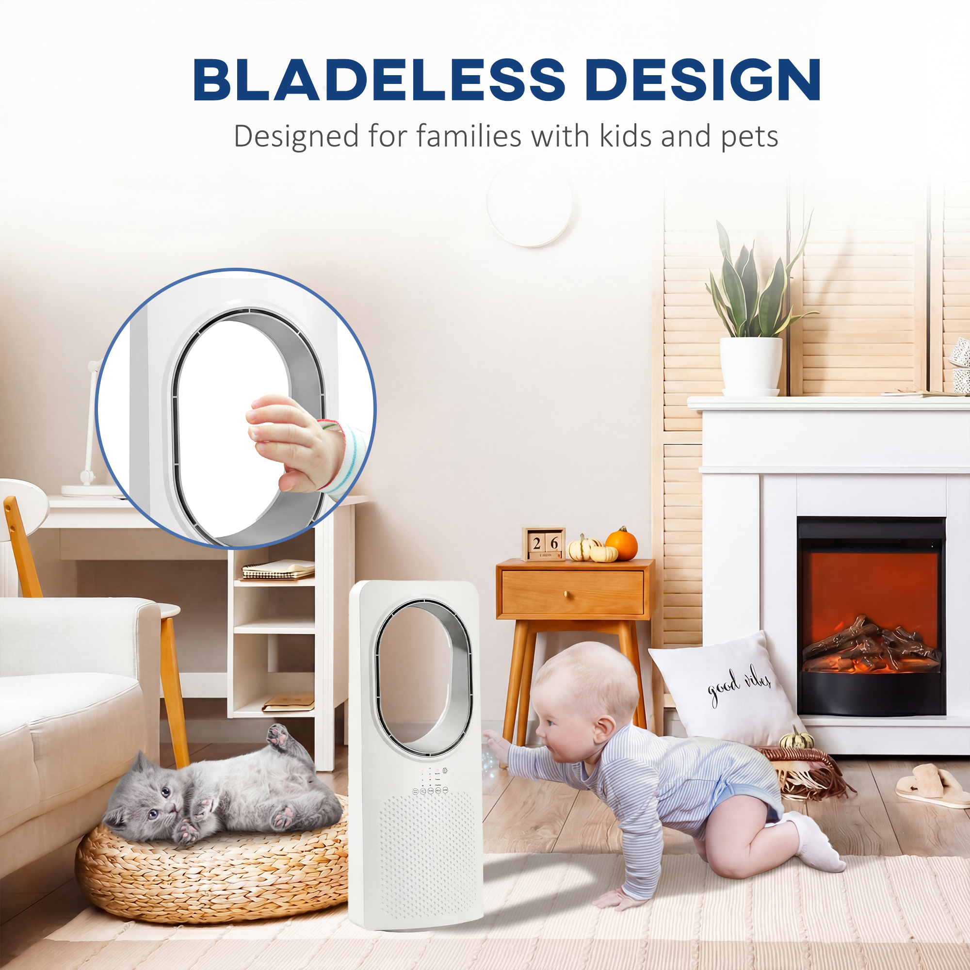 Bladeless Turmventilator für Schlafzimmer, 36 dB Standventilator mit 45° Oszillation, 3 Geschwindigkeiten, 3 Modi, 15-Stunden-Timer, Weiß