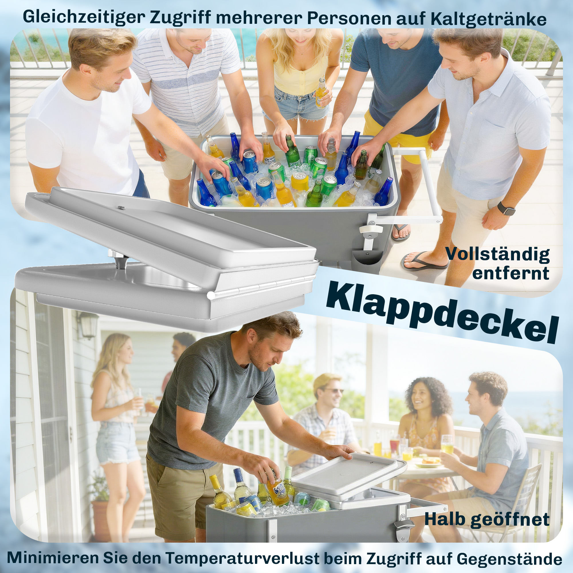 Kühlwagen mit 56L Kapazität Servierwagen mit Rollen, Flaschenöffner, unterer Ablage, Griff mobiler Getränkewagen, Grau