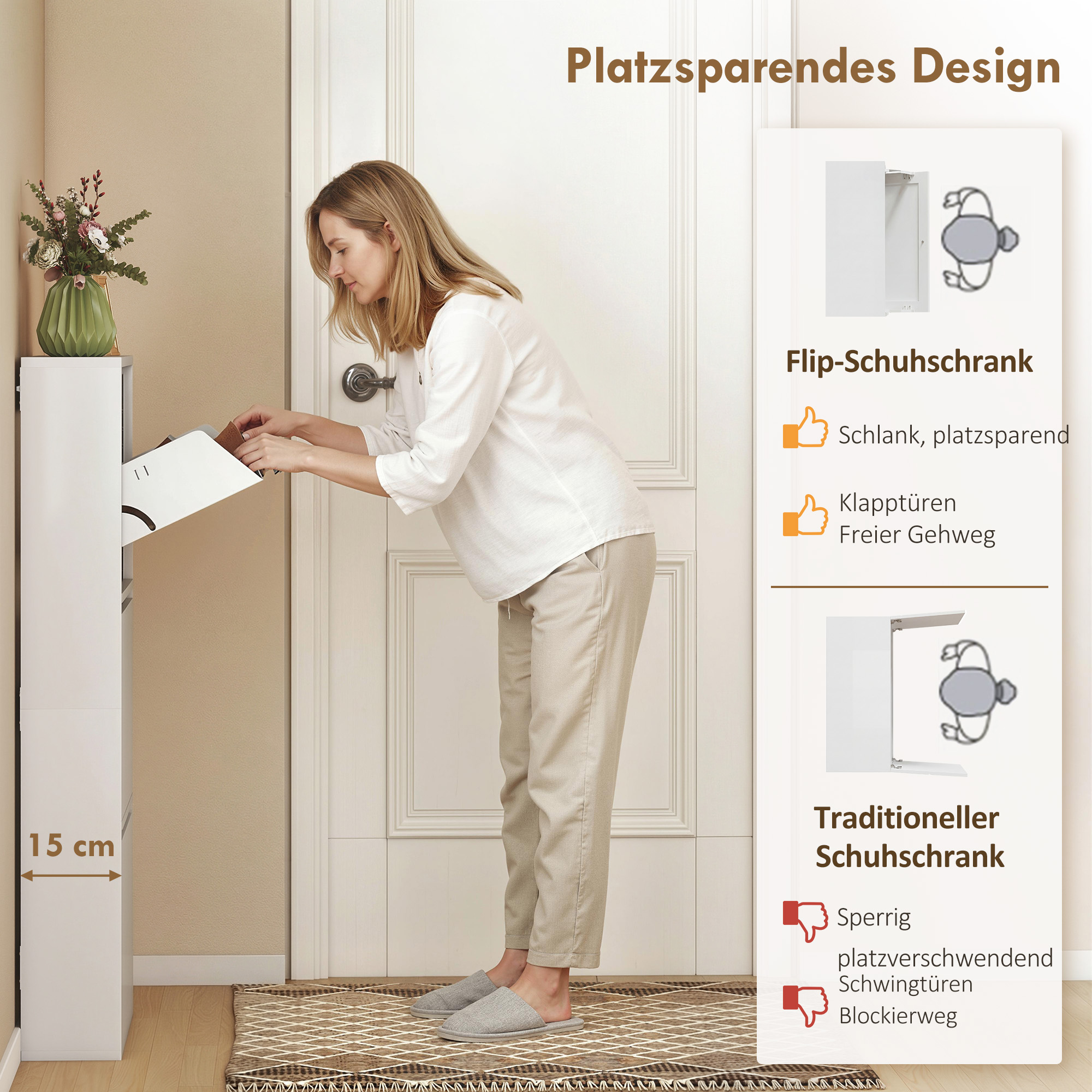 Metall-Schuhschrank mit 3 Klappfächern, schlanker Schuhschrank, wandmontiert, für 6 Paar Schuhe, Weiß